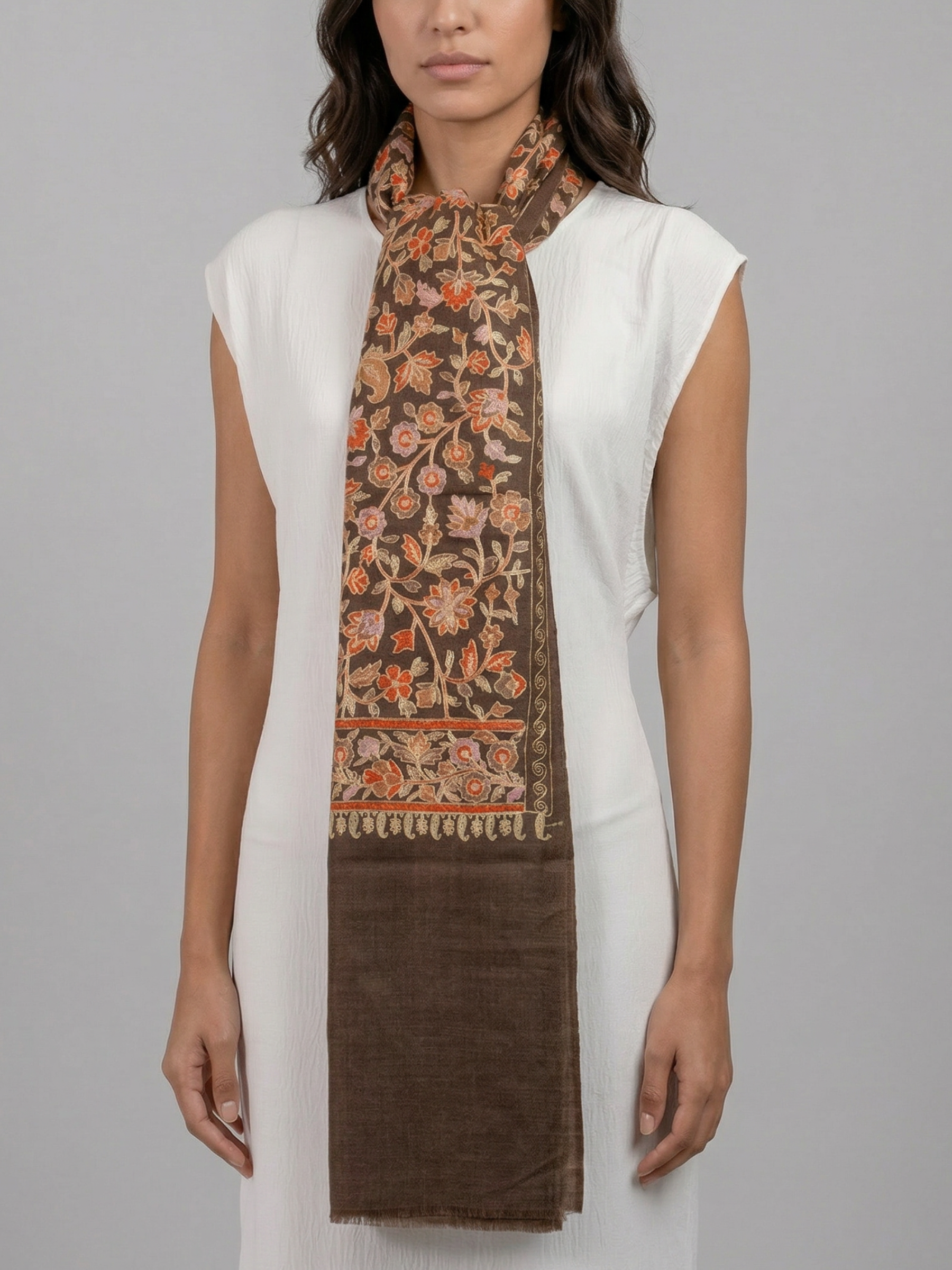 Brown Florals Handmade Embroidered Pashmina Wool Scarf