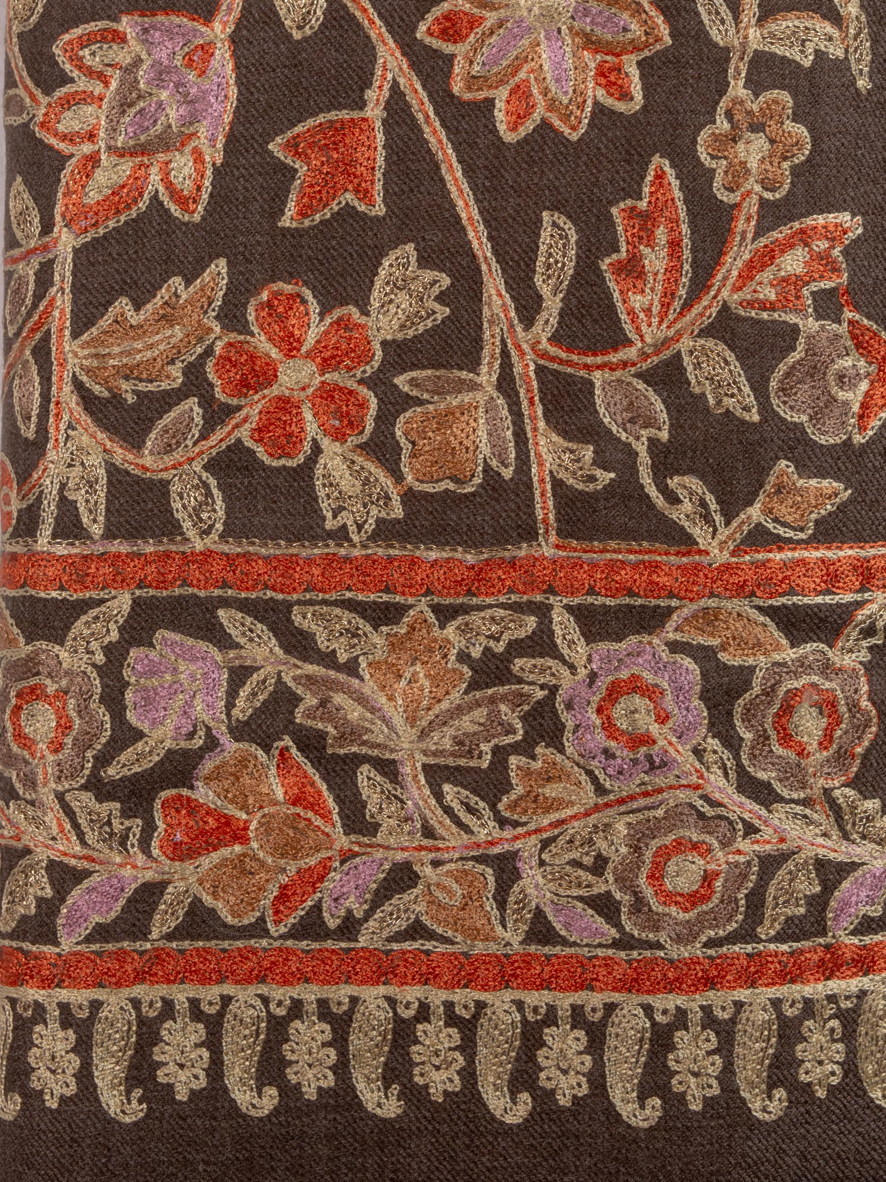 Brown Florals Handmade Embroidered Pashmina Wool Scarf