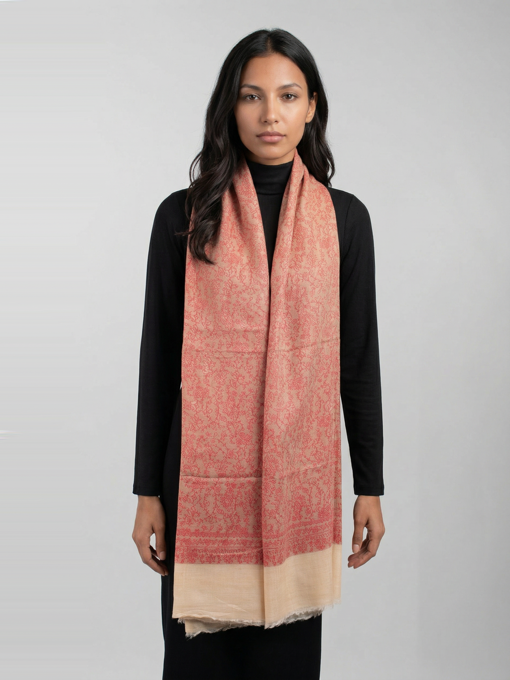 Coral Bloom Woven Pashmina Wool Scarf