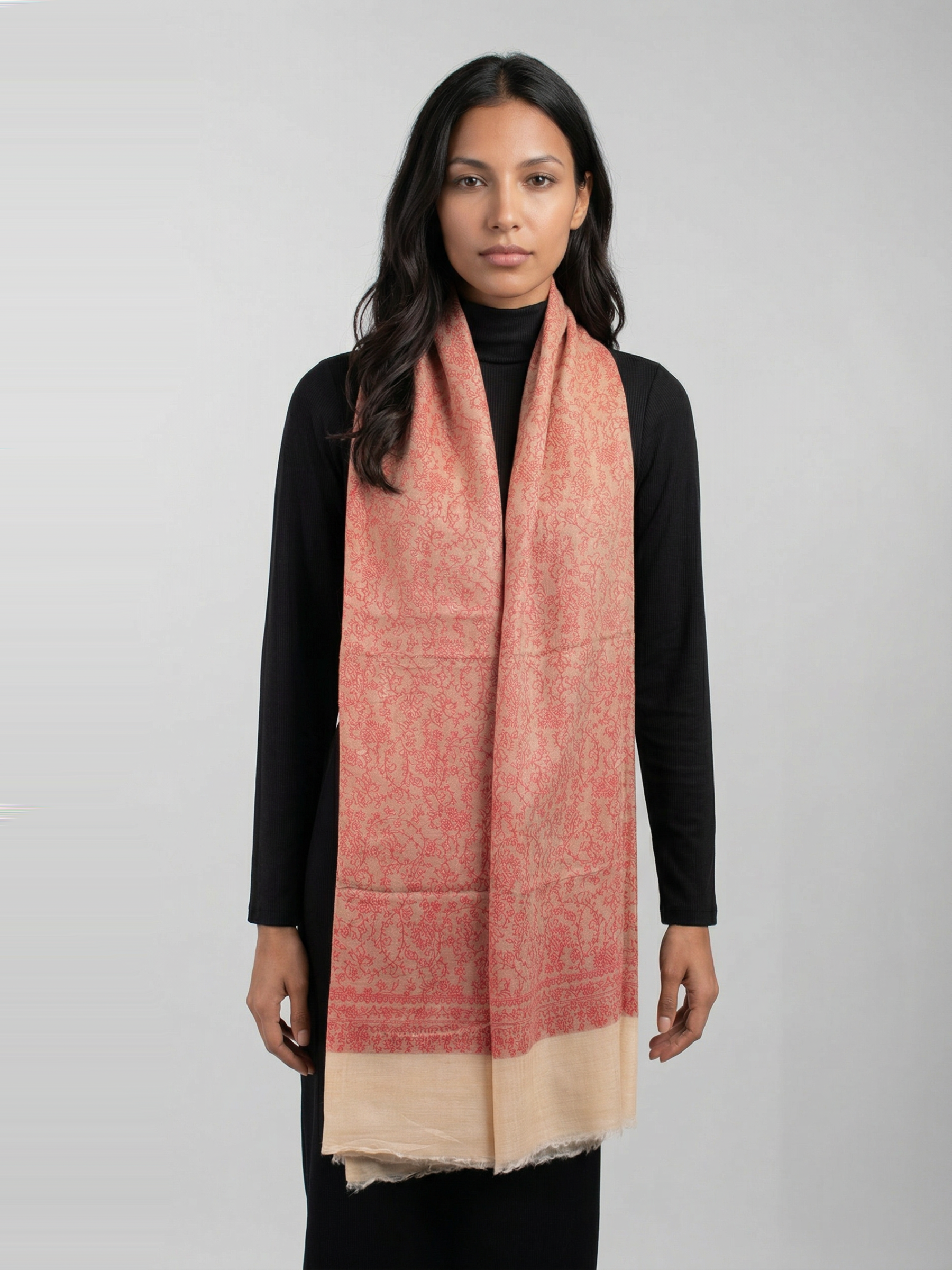 Coral Bloom Woven Pashmina Wool Scarf