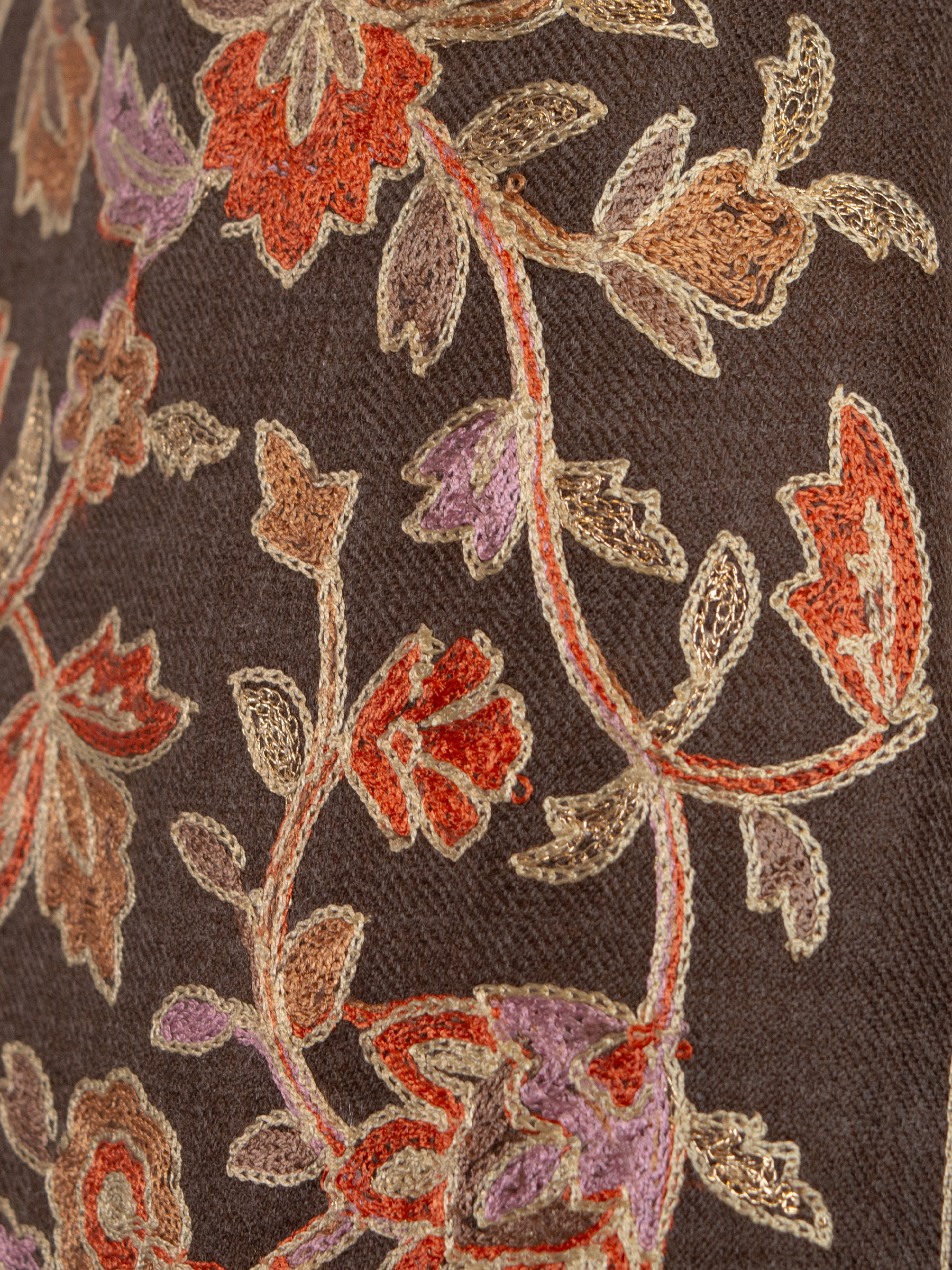 Brown Florals Handmade Embroidered Pashmina Wool Scarf