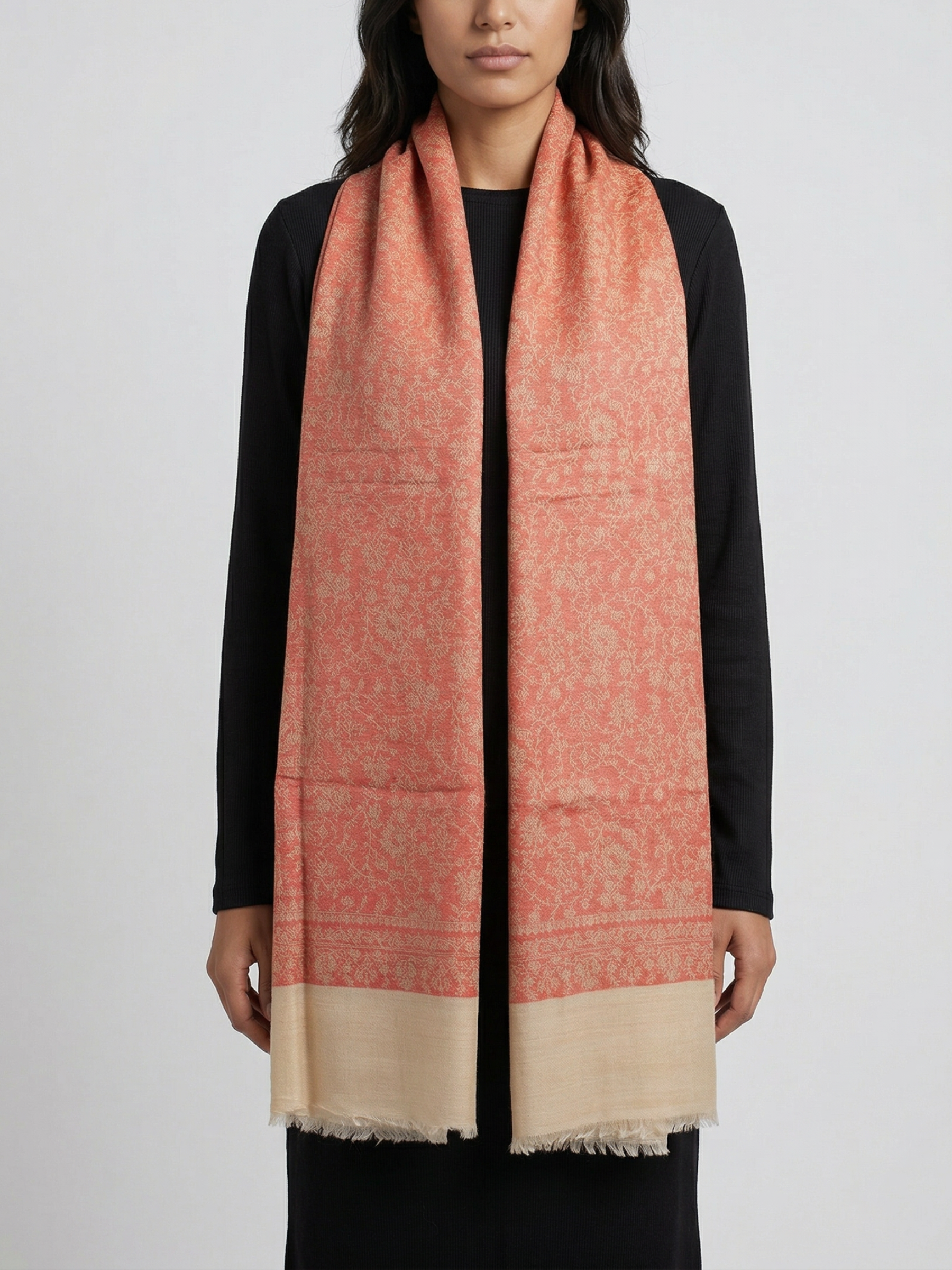 Coral Bloom Woven Pashmina Wool Scarf