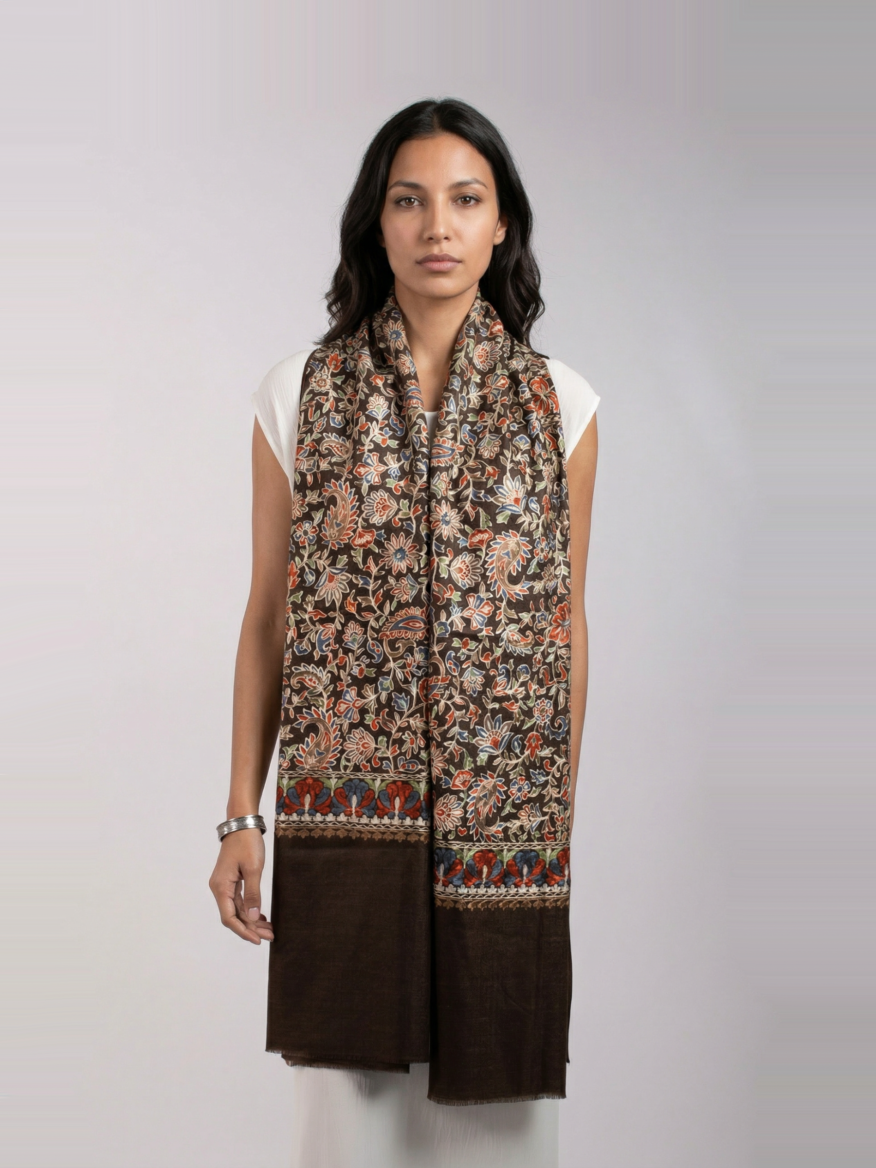 Brown Ornamental Handmade Embroidered Pashmina Wool Scarf