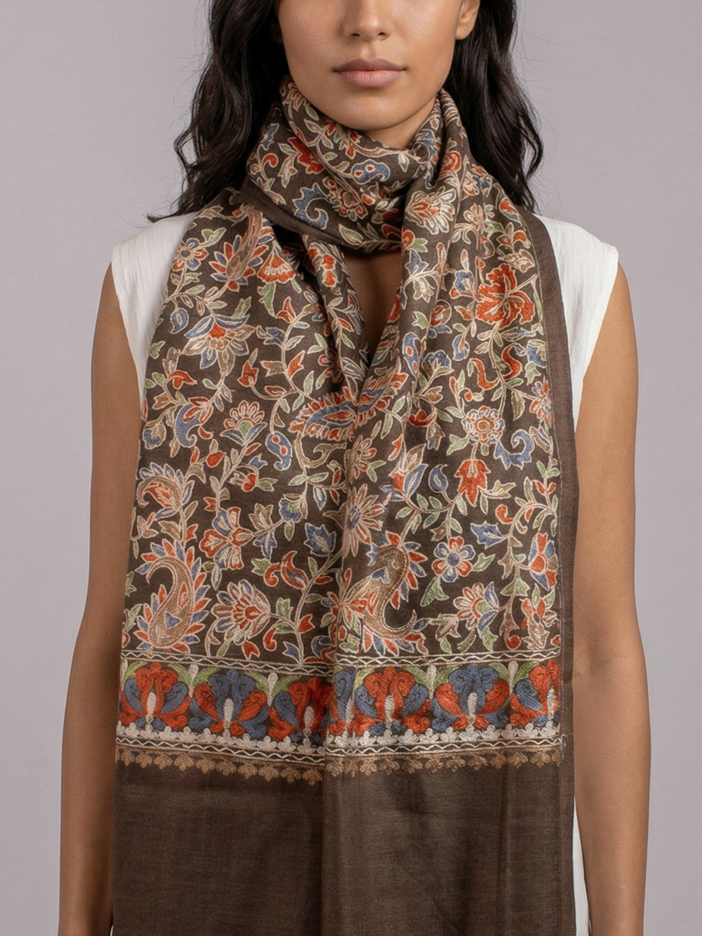 Brown Ornamental Handmade Embroidered Pashmina Wool Scarf