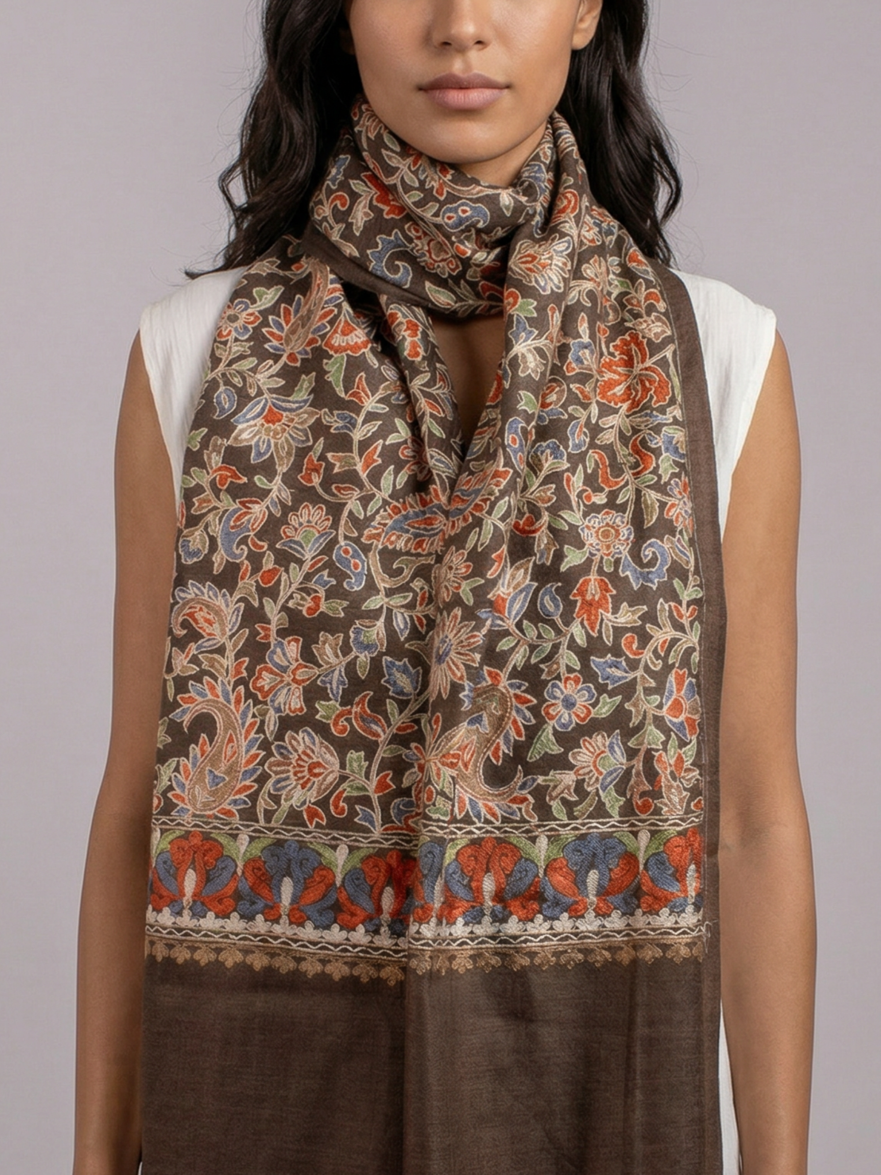 Brown Ornamental Handmade Embroidered Pashmina Wool Scarf