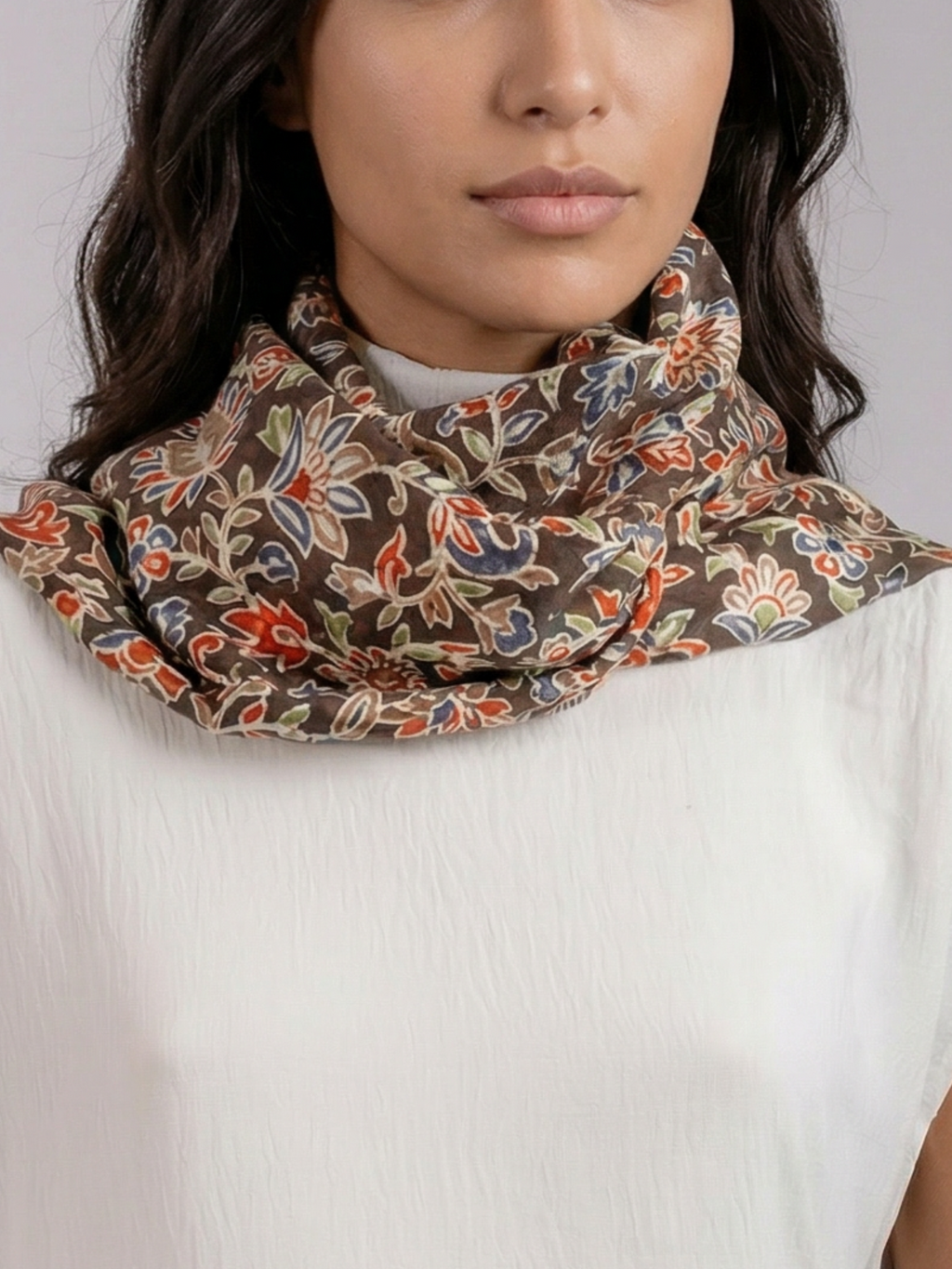 Brown Ornamental Handmade Embroidered Pashmina Wool Scarf