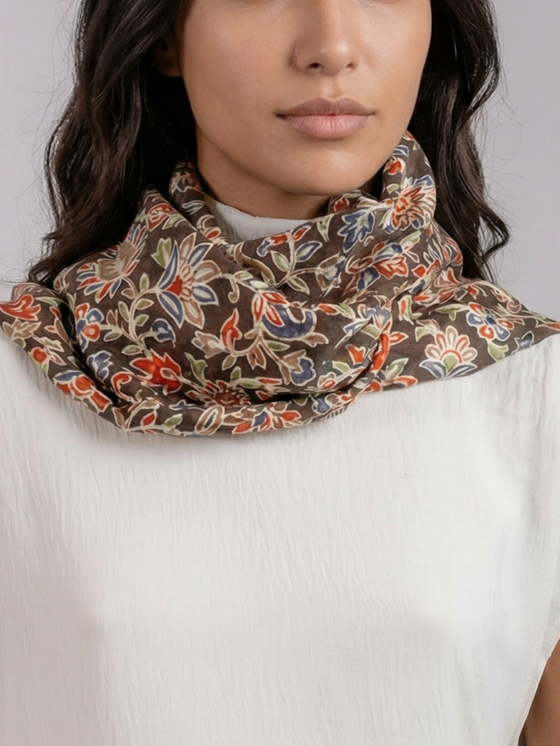 Brown Ornamental Handmade Embroidered Pashmina Wool Scarf