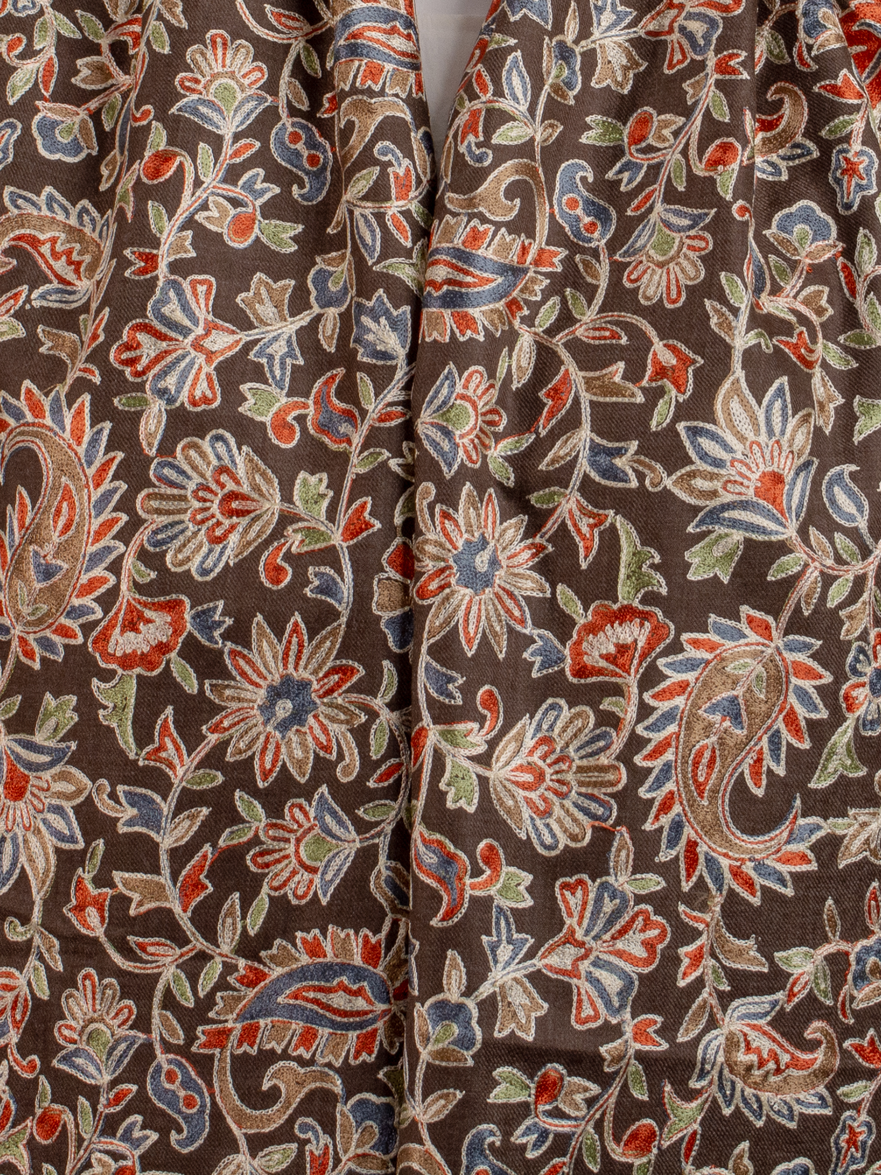 Brown Ornamental Handmade Embroidered Pashmina Wool Scarf
