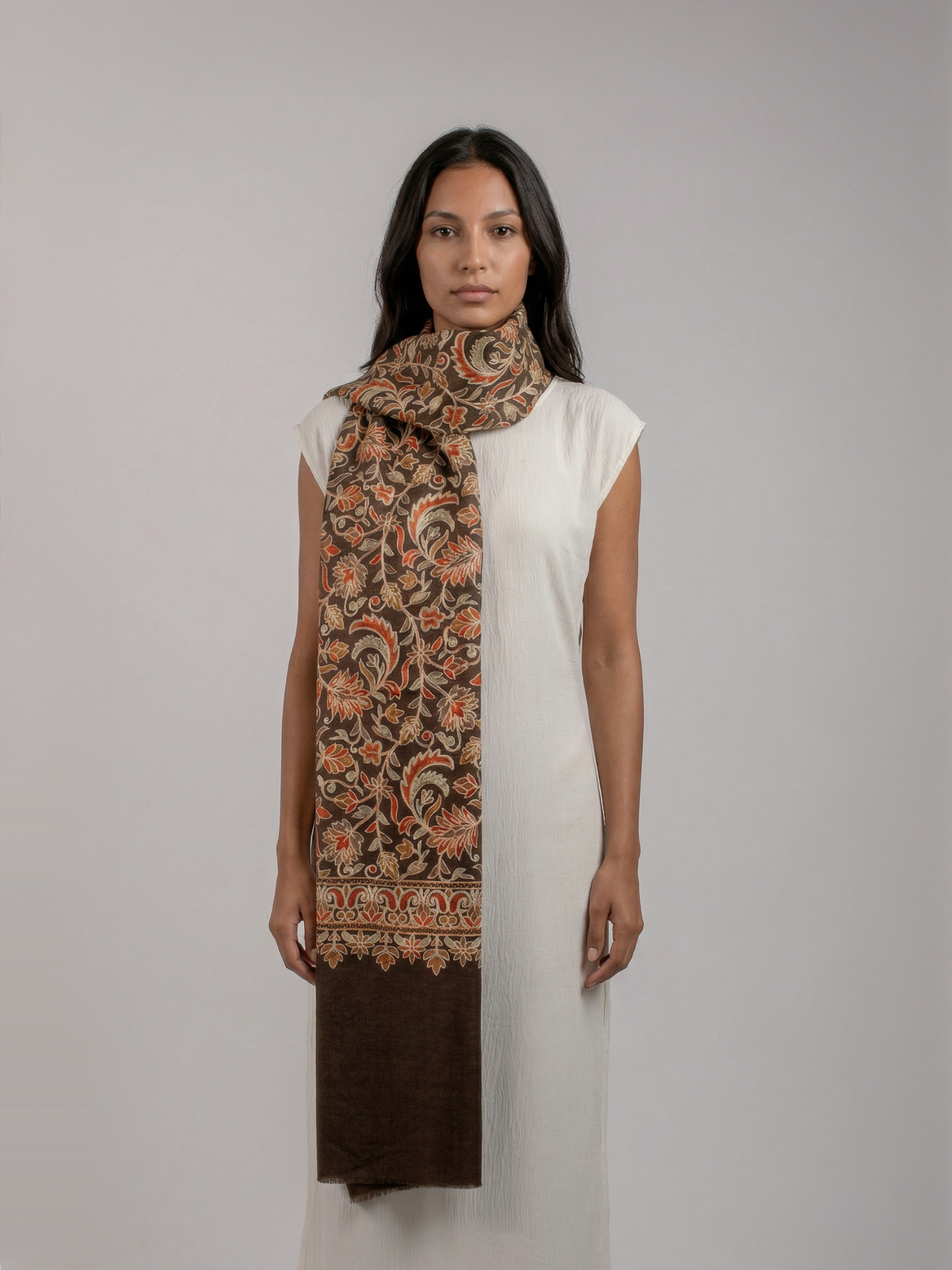 Brown leafs Handmade Embroidered Pashmina Wool Scarf