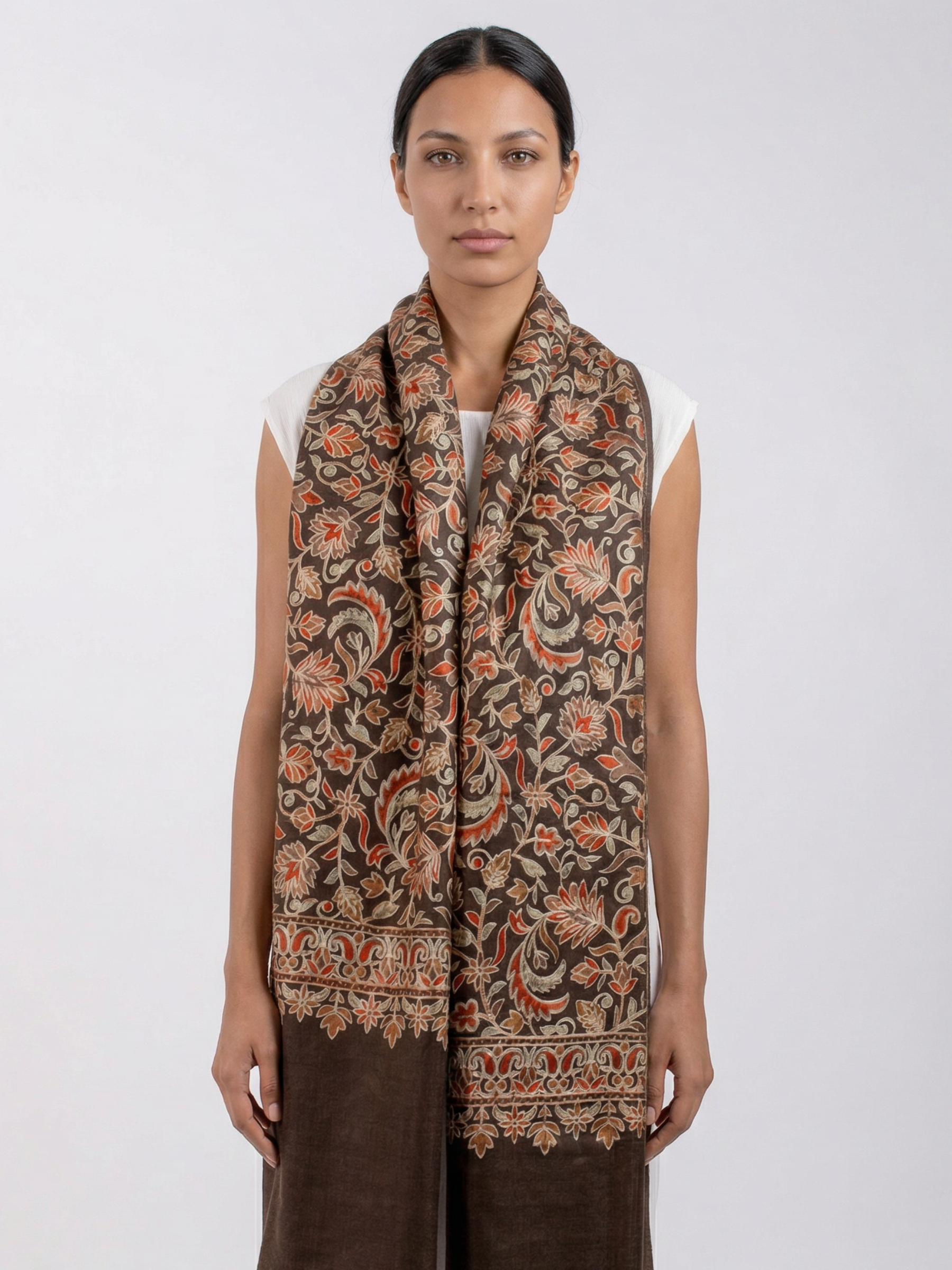 Brown leafs Handmade Embroidered Pashmina Wool Scarf