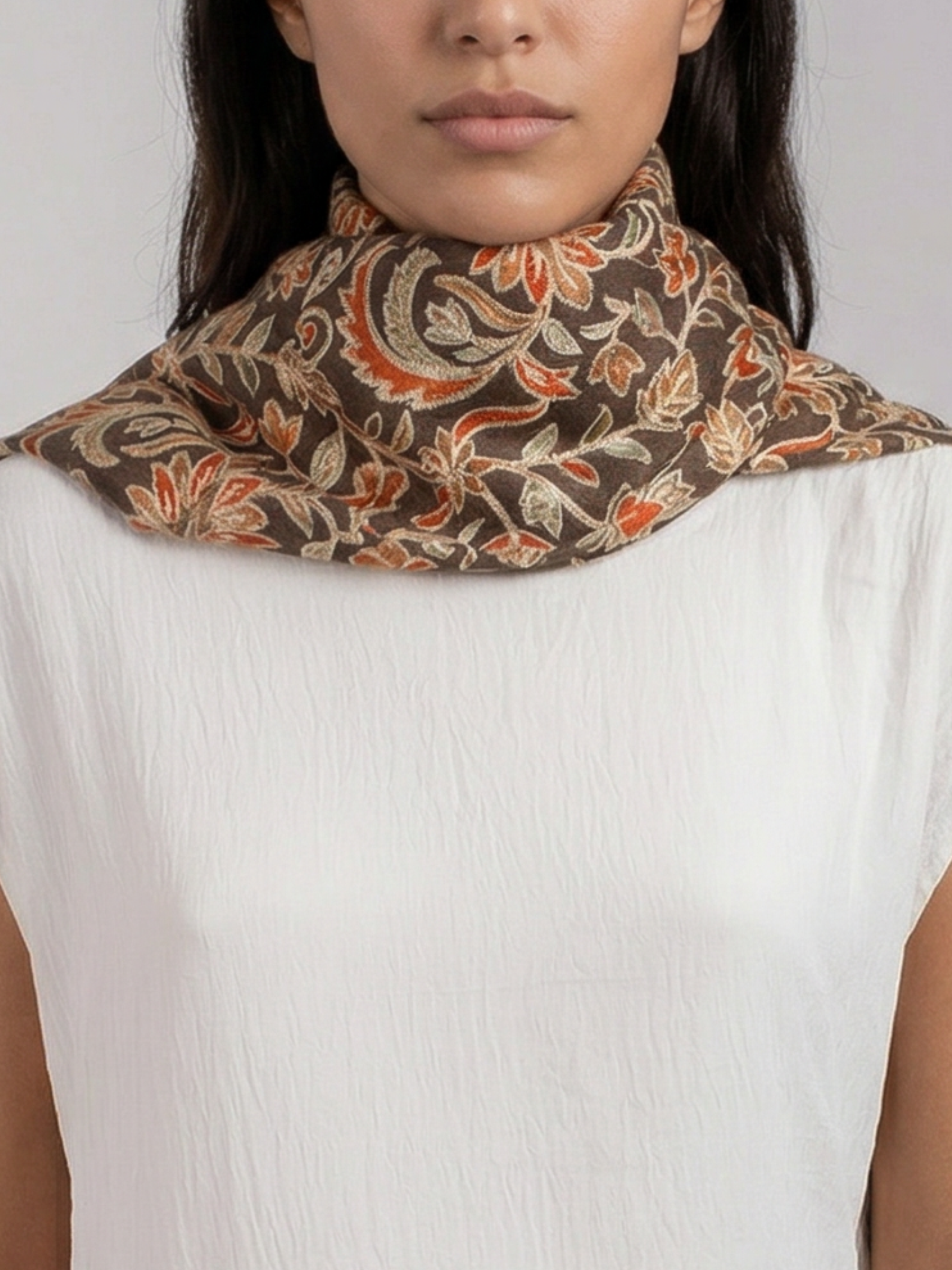 Brown leafs Handmade Embroidered Pashmina Wool Scarf