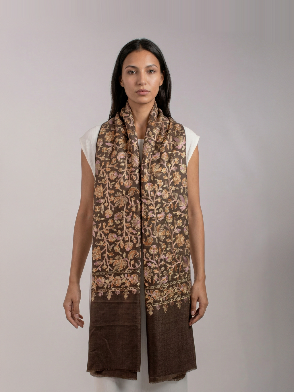 Brown Gardens Handmade Embroidered Pashmina Wool Scarf