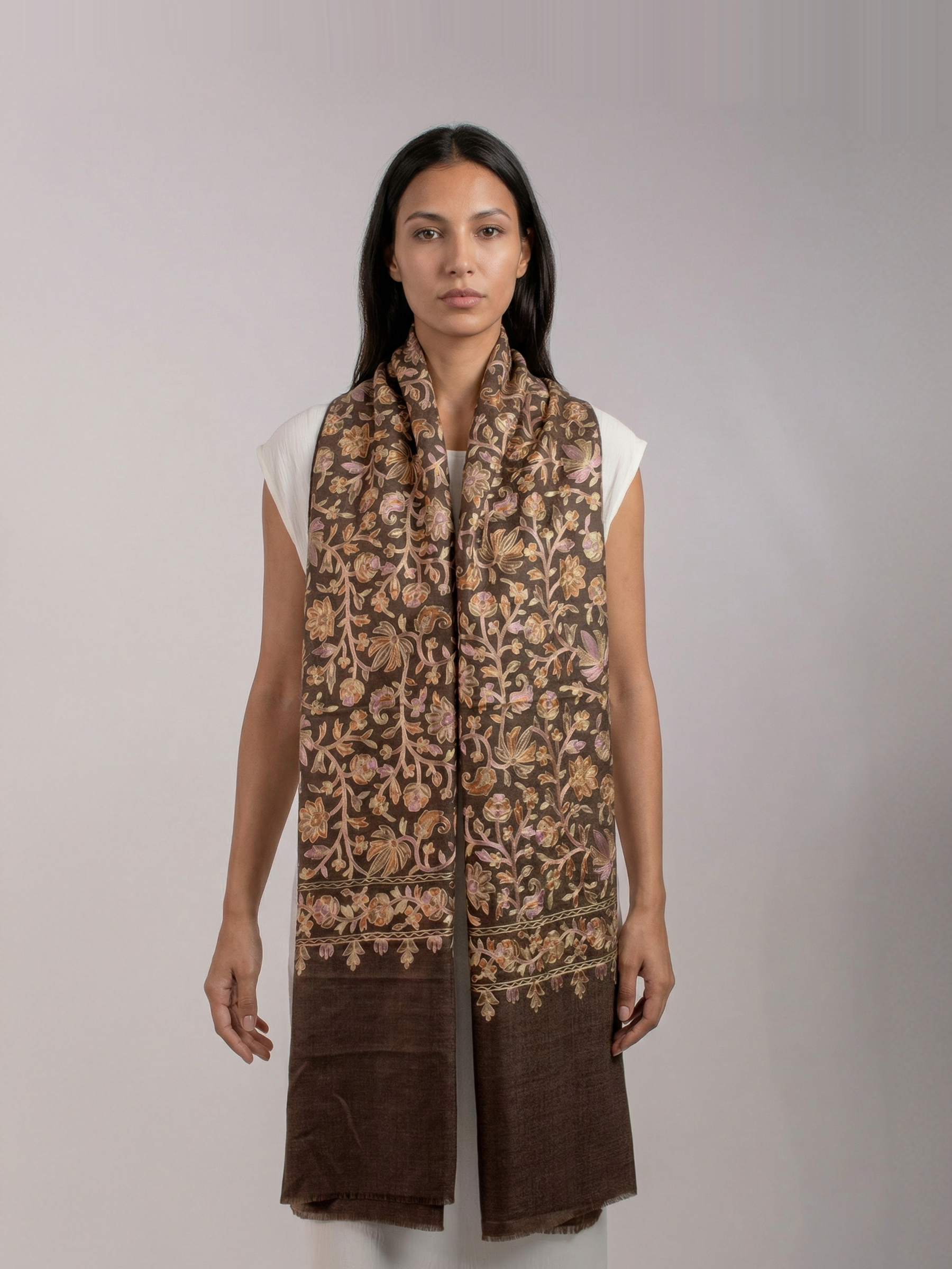 Brown Gardens Handmade Embroidered Pashmina Wool Scarf