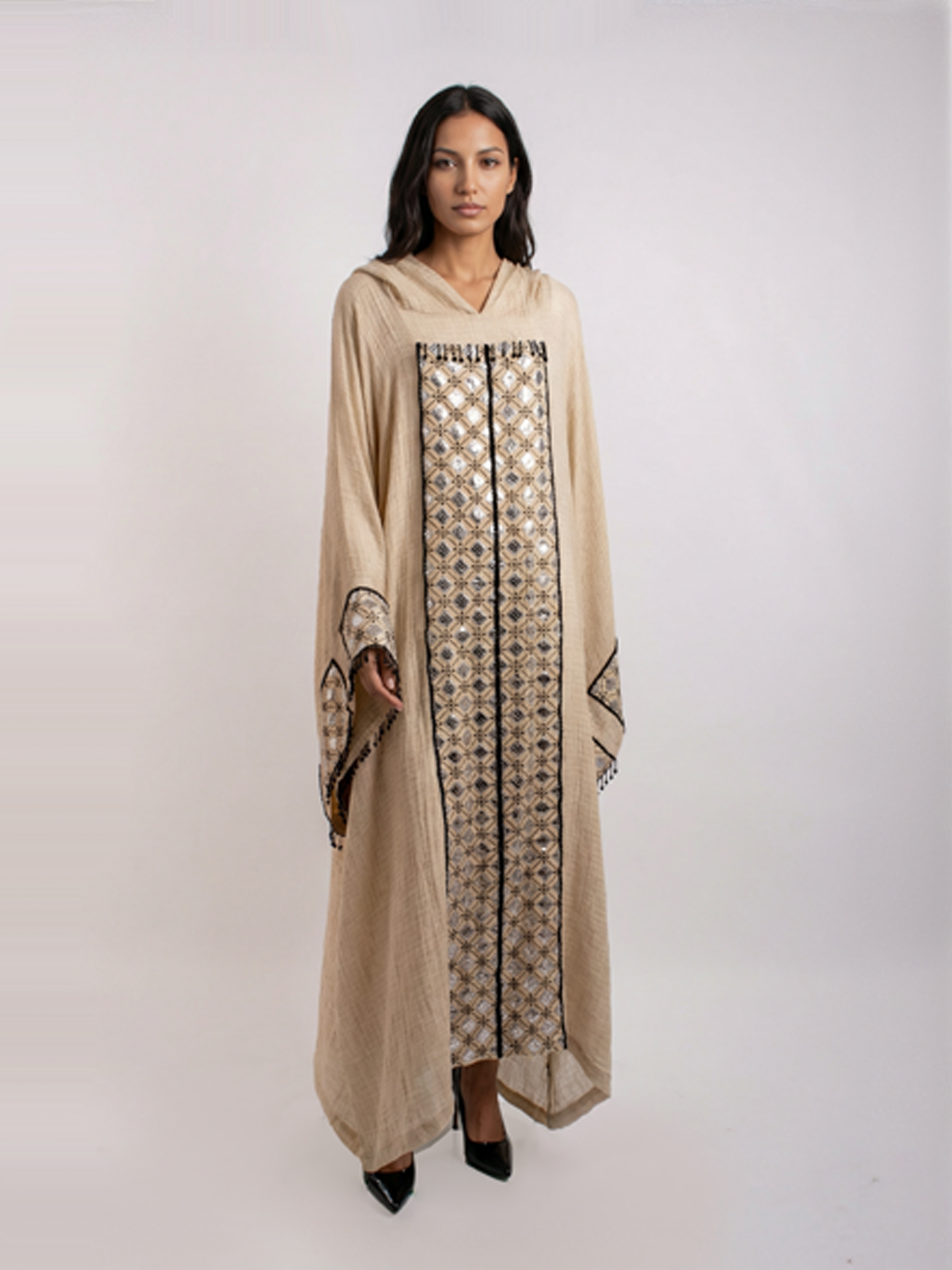100% Egyptian Crinkled Cotton Silver Embroidered kaftan