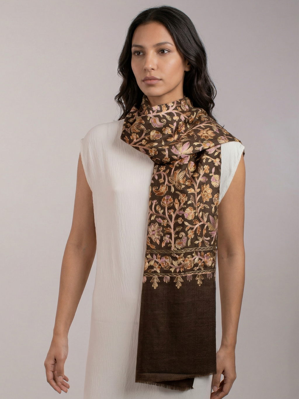 Brown Gardens Handmade Embroidered Pashmina Wool Scarf