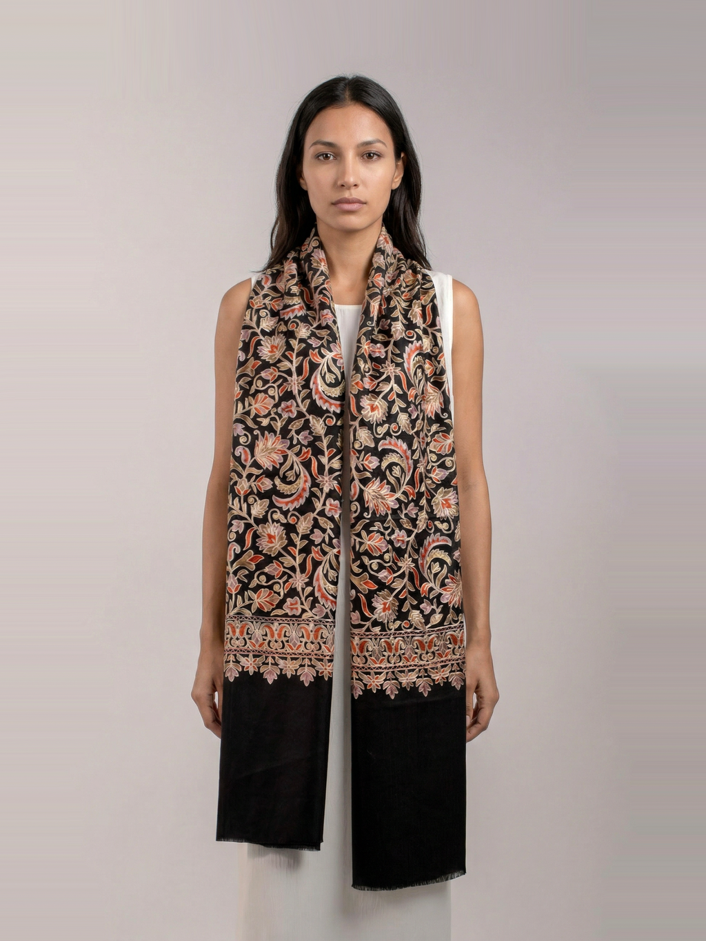Black Ornamental Handmade Embroidered Pashmina Wool Scarf