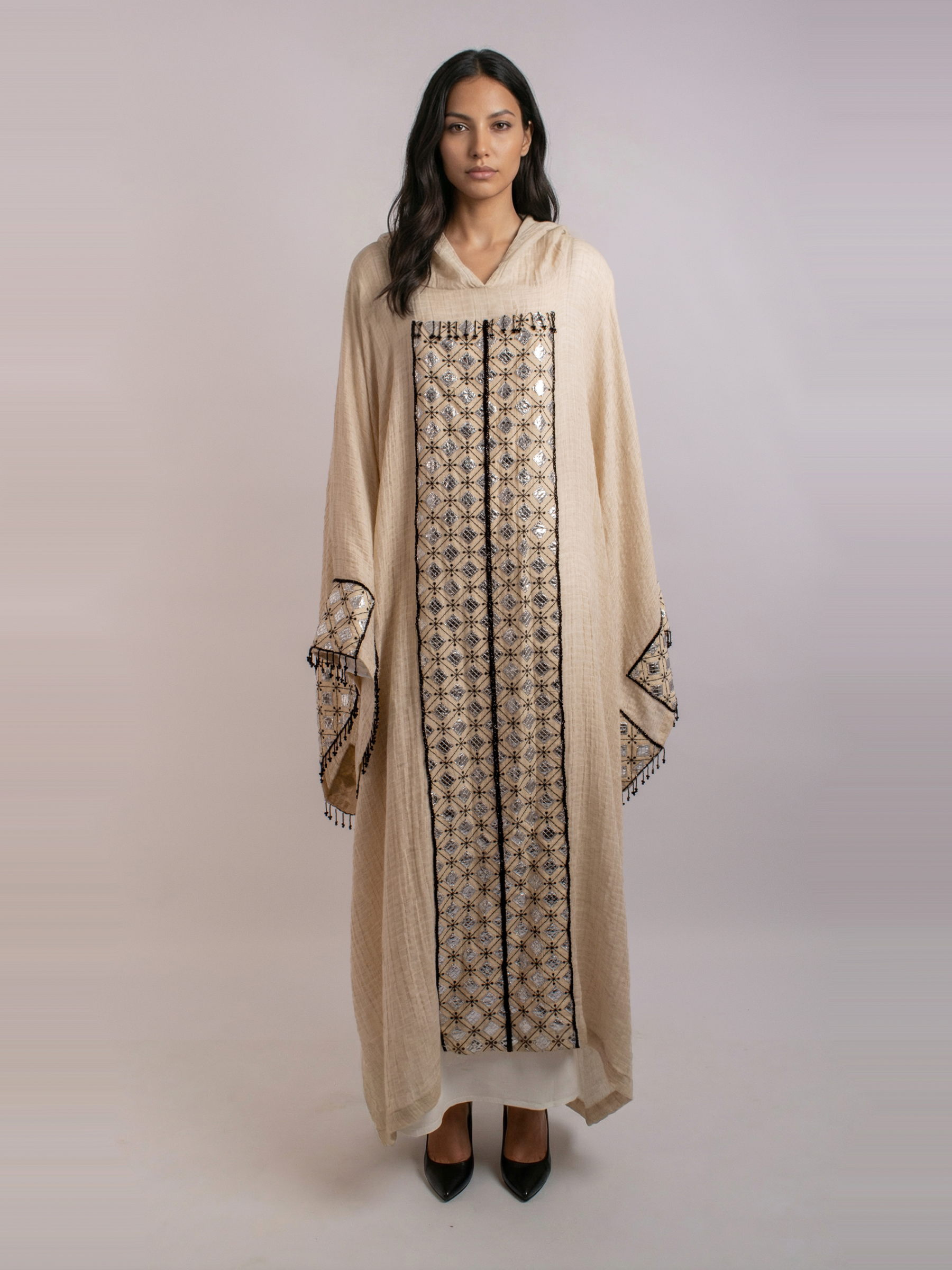 100% Egyptian Crinkled Cotton Silver Embroidered kaftan