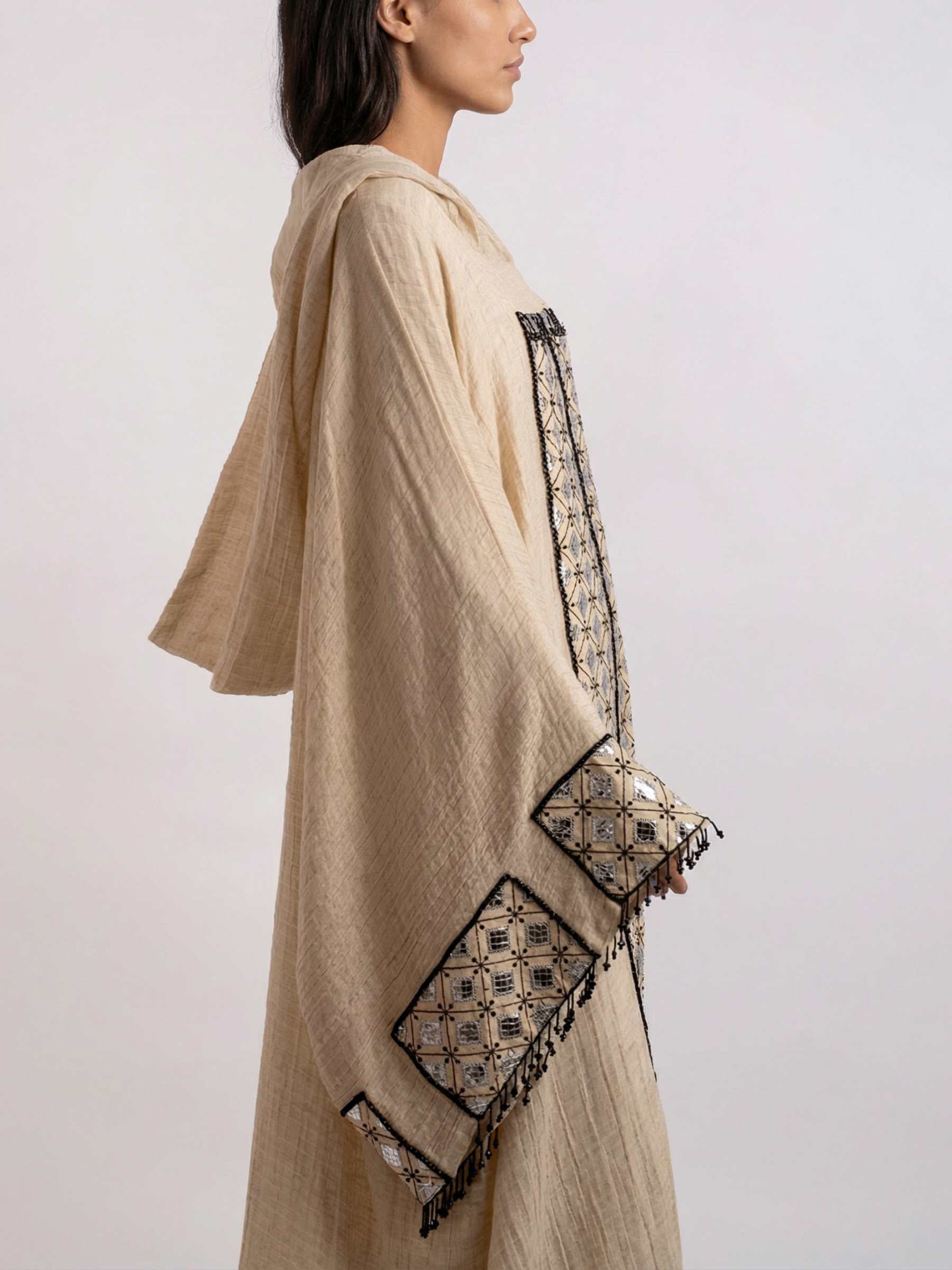 100% Egyptian Crinkled Cotton Silver Embroidered kaftan