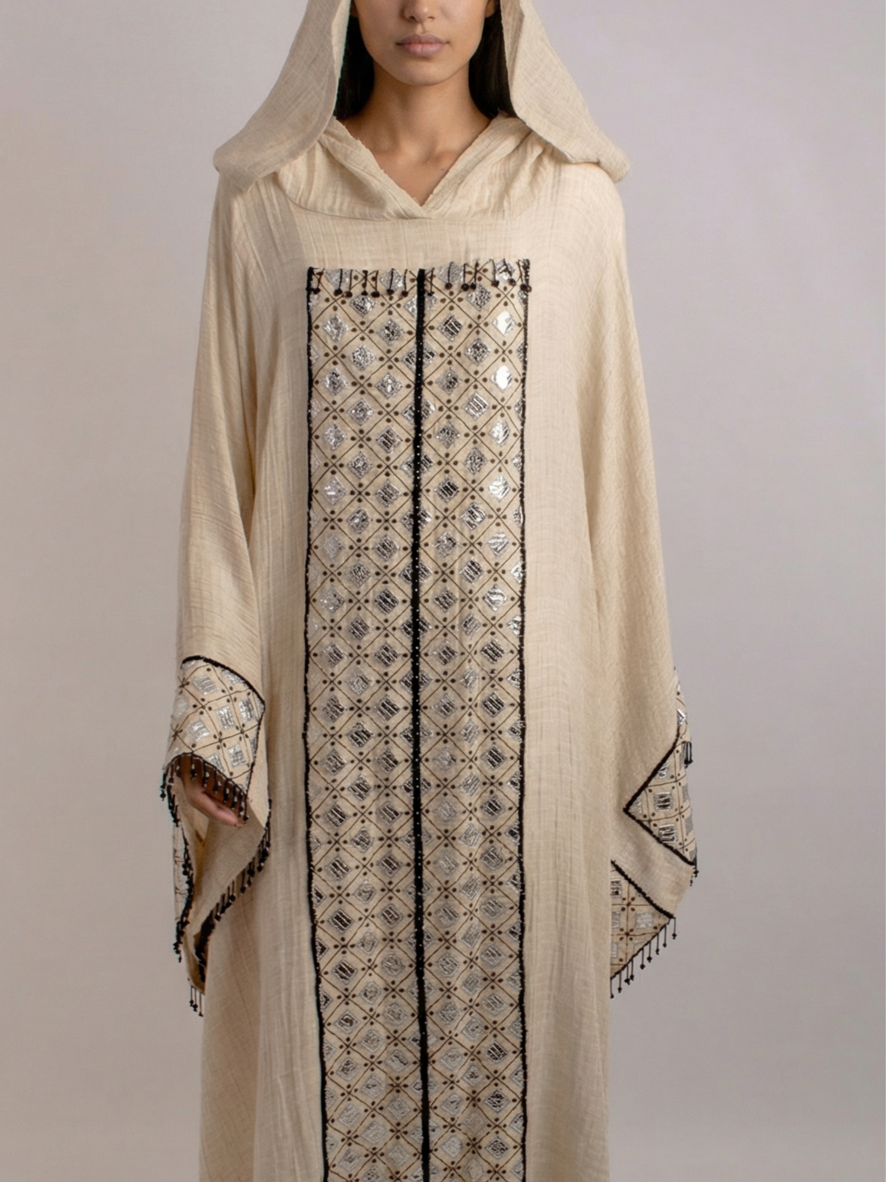 100% Egyptian Crinkled Cotton Silver Embroidered kaftan