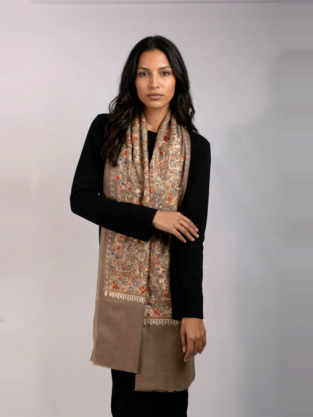 Cocoa Brown Blooms Handmade Embroidered Pashmina Wool Scarf