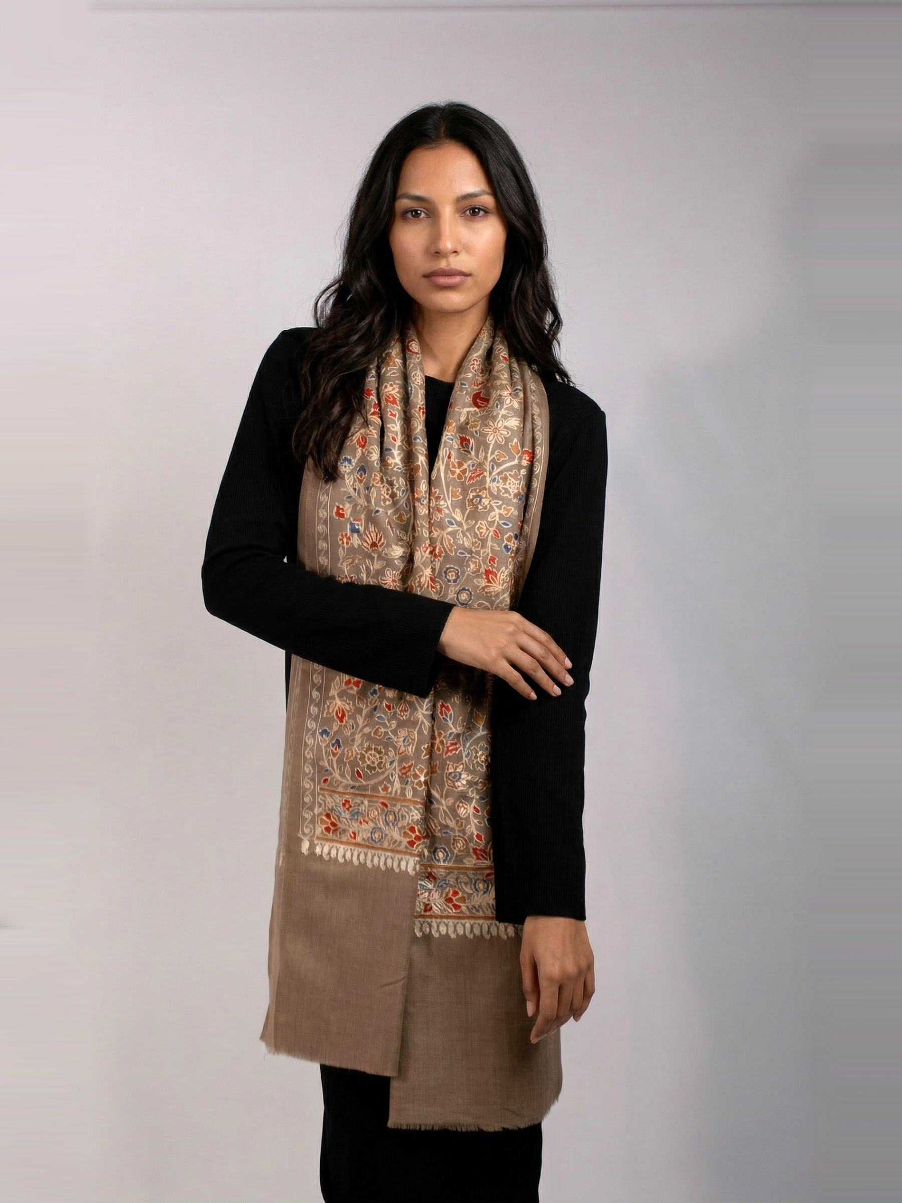 Cocoa Brown Blooms Handmade Embroidered Pashmina Wool Scarf