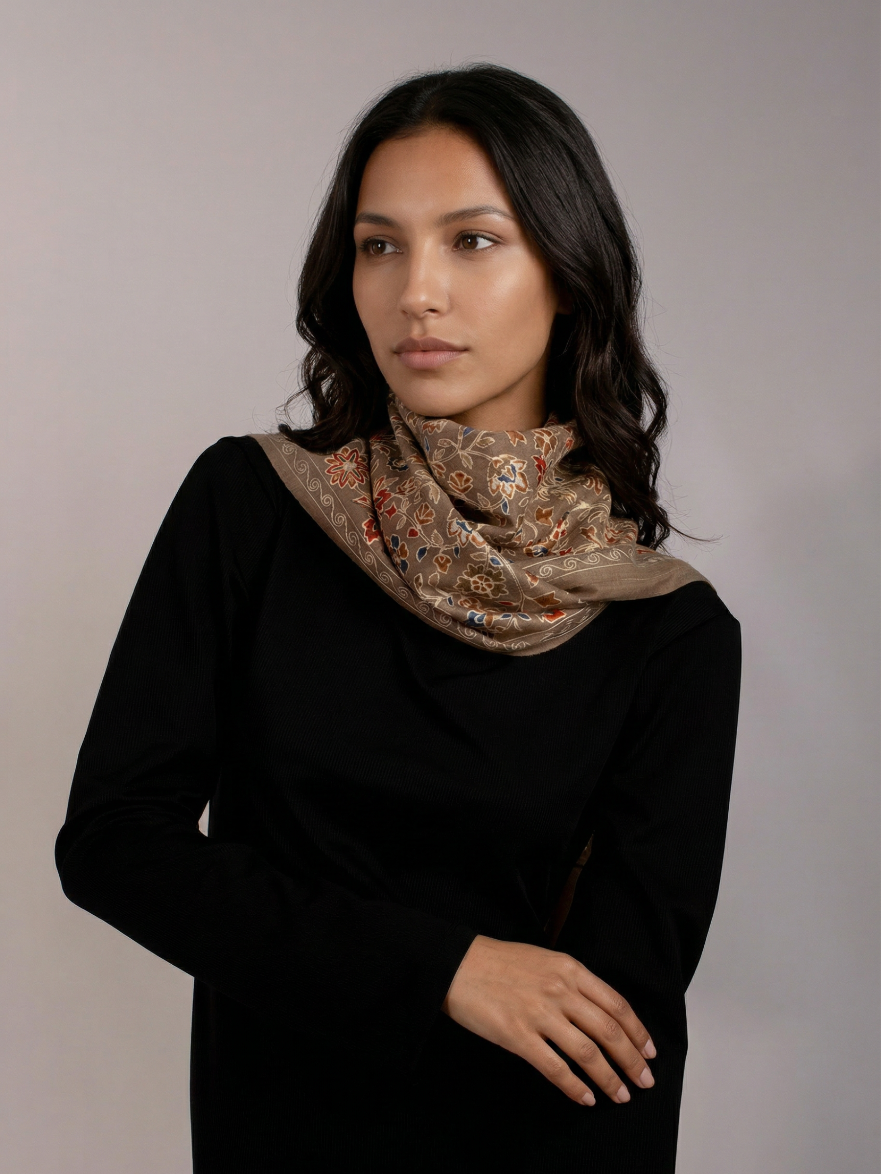 Cocoa Brown Blooms Handmade Embroidered Pashmina Wool Scarf