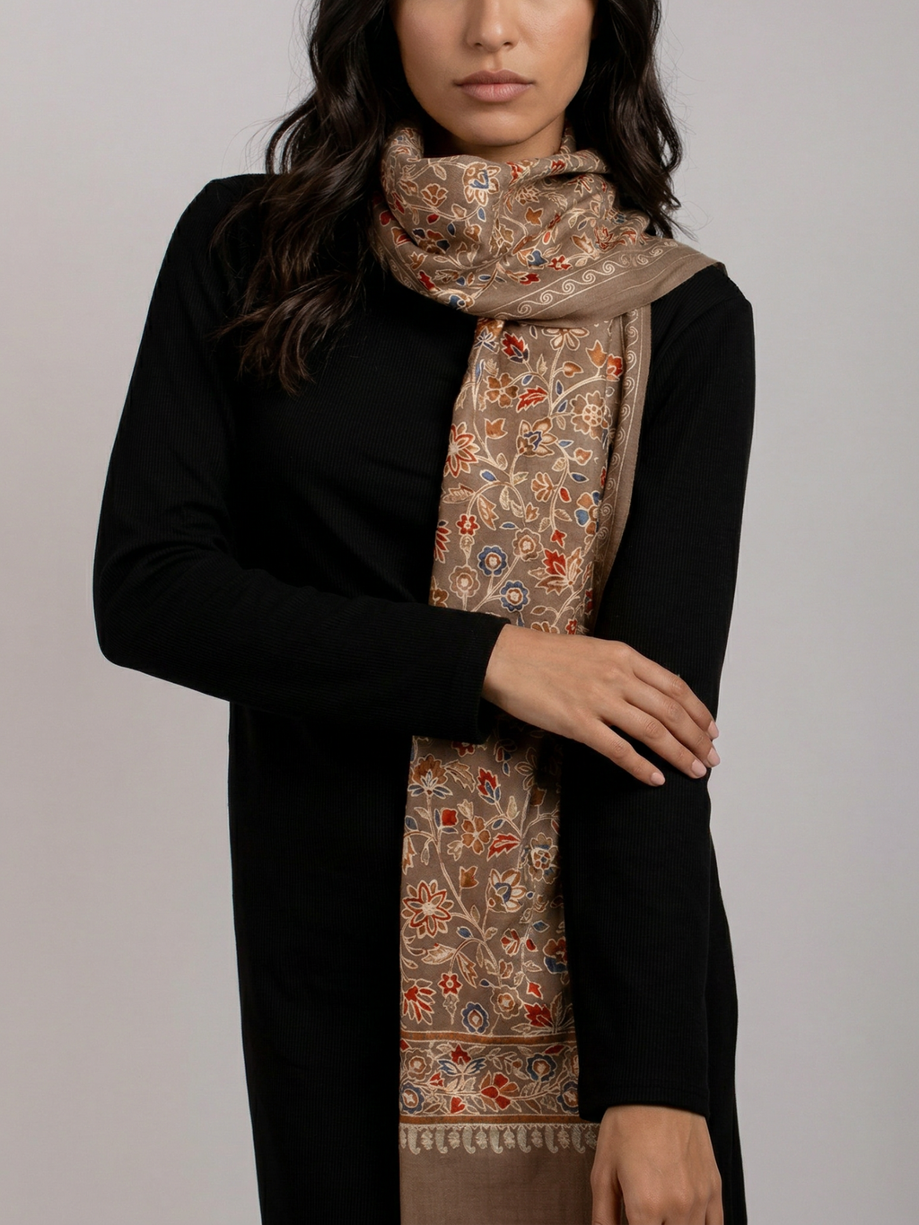 Cocoa Brown Blooms Handmade Embroidered Pashmina Wool Scarf
