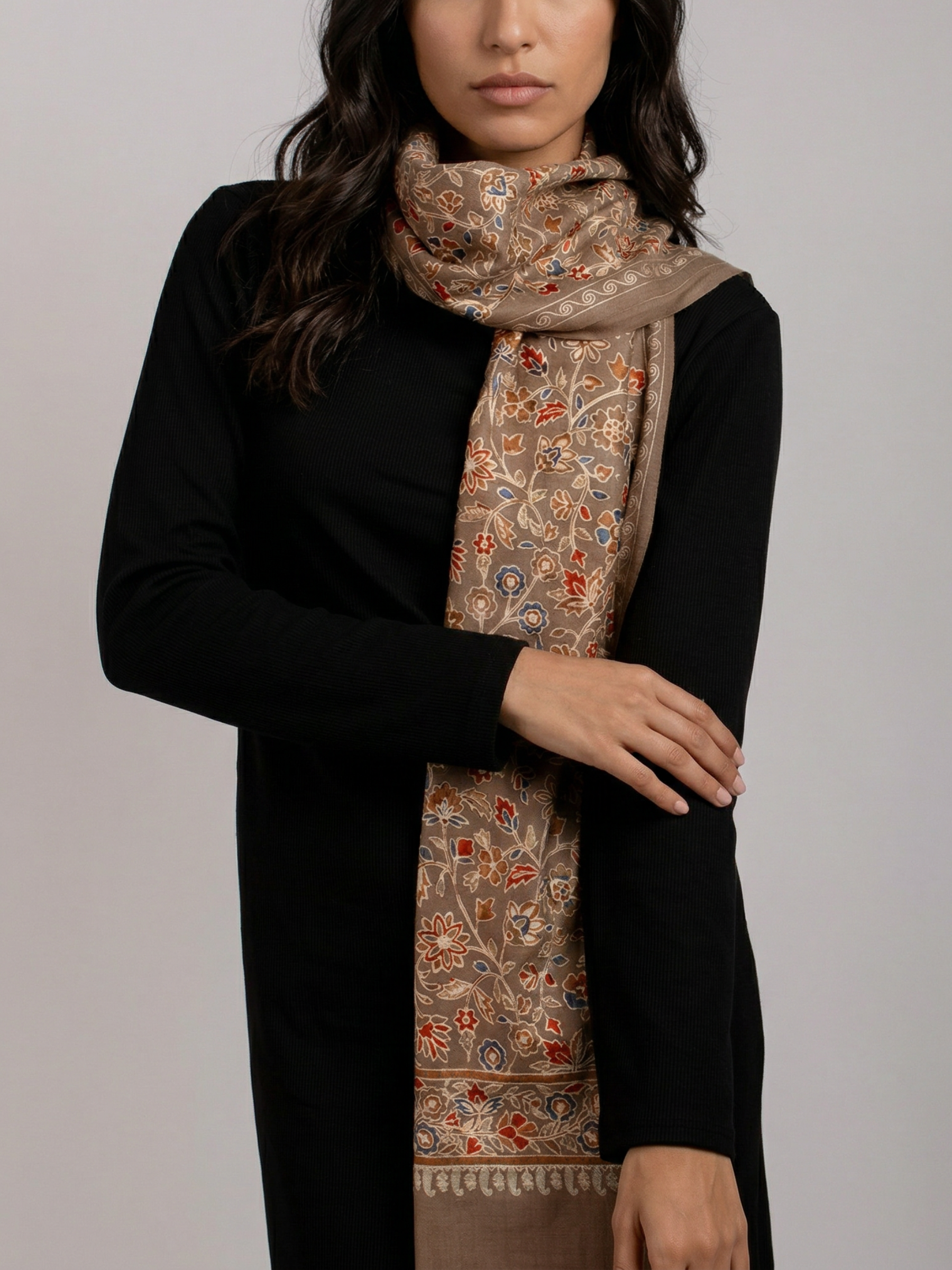 Cocoa Brown Blooms Handmade Embroidered Pashmina Wool Scarf