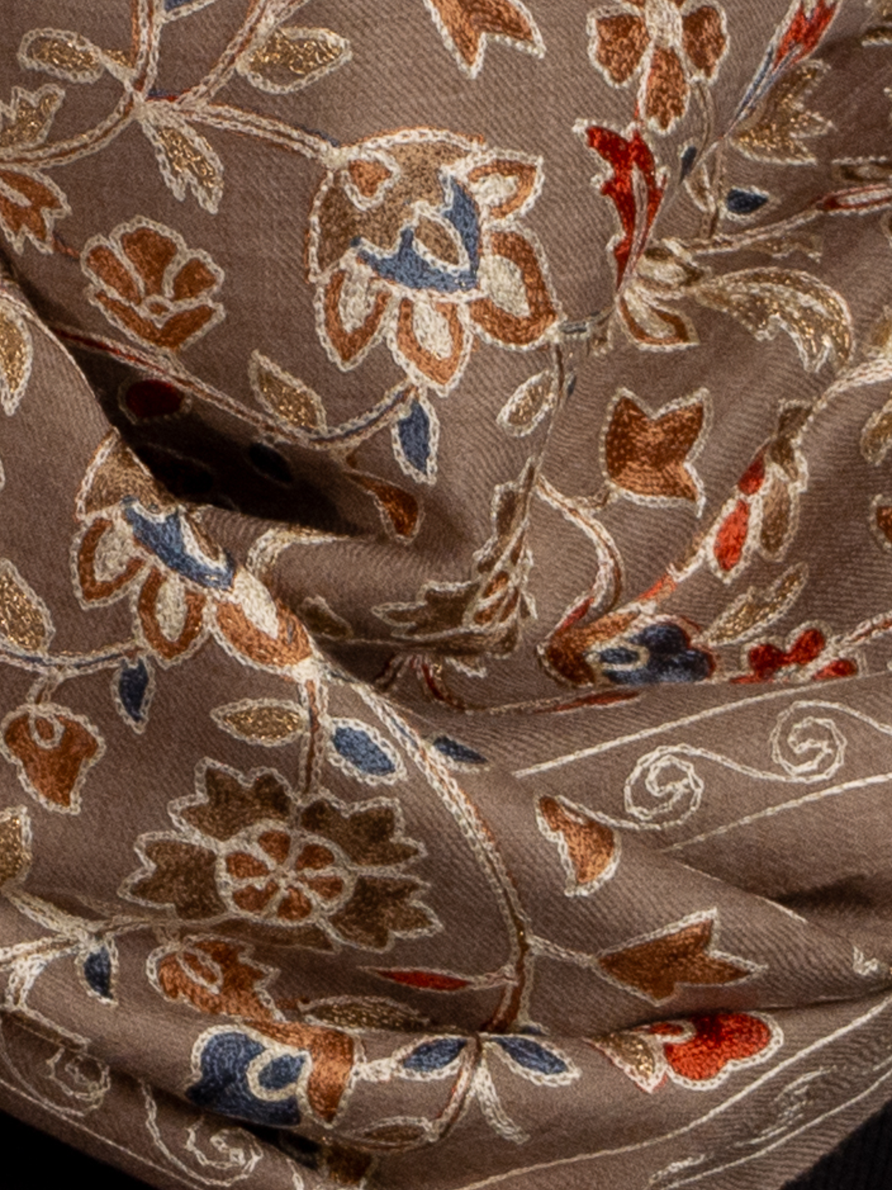 Cocoa Brown Blooms Handmade Embroidered Pashmina Wool Scarf
