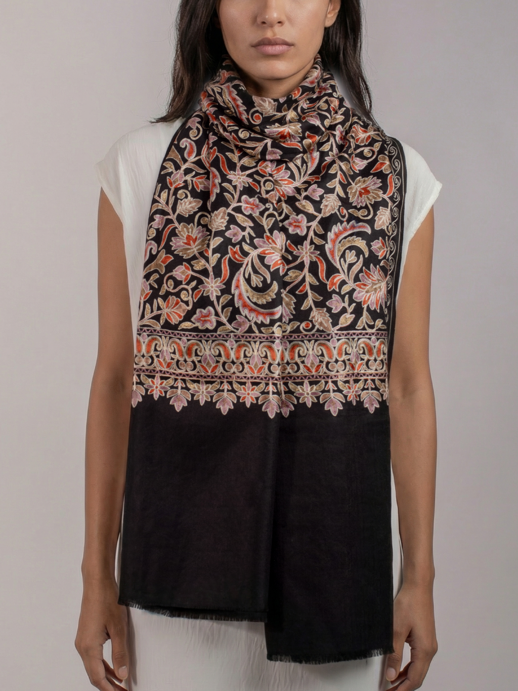 Black Ornamental Handmade Embroidered Pashmina Wool Scarf