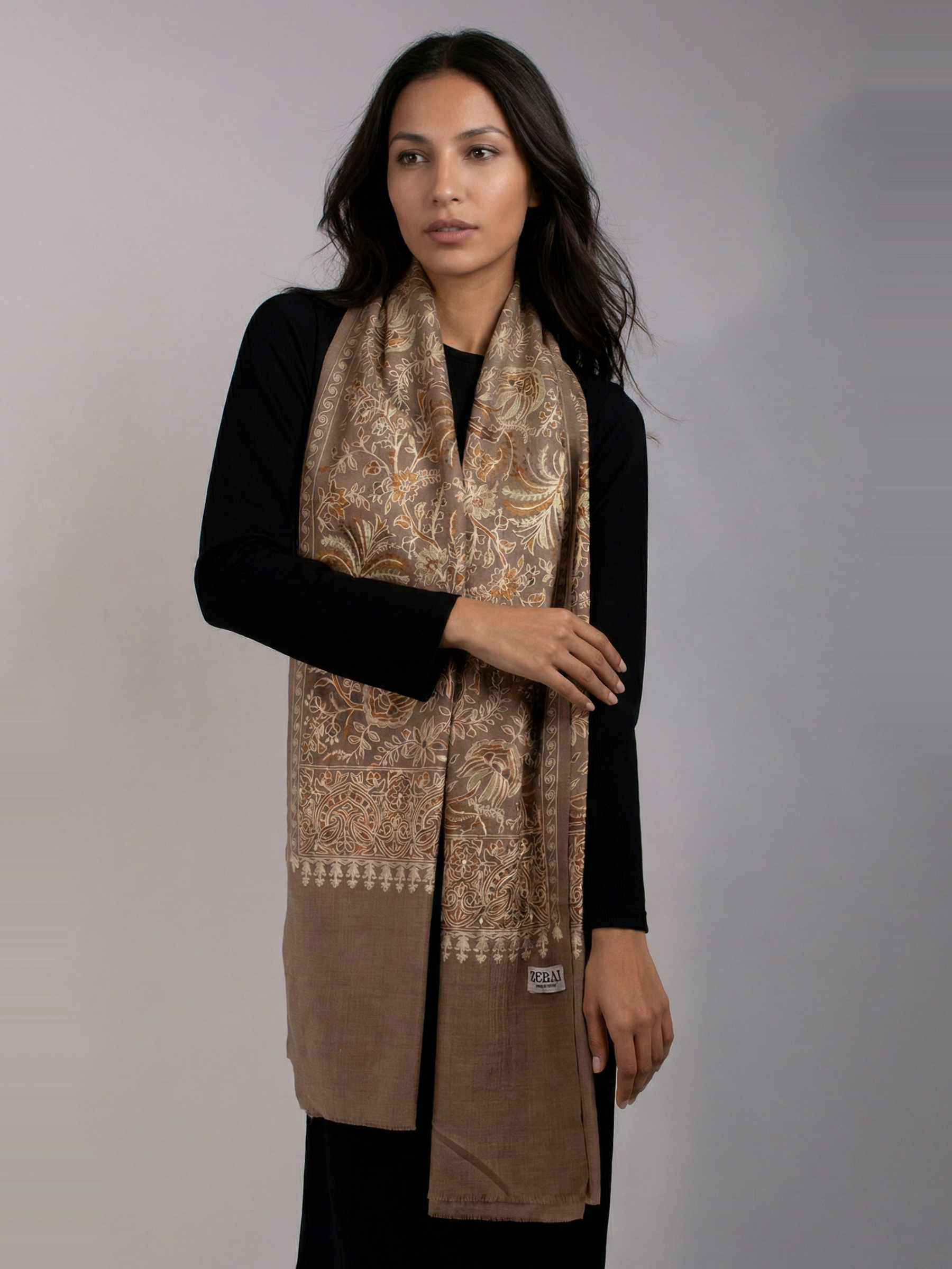 Cocoa Brown Palms Handmade Embroidered Pashmina Wool Scarf