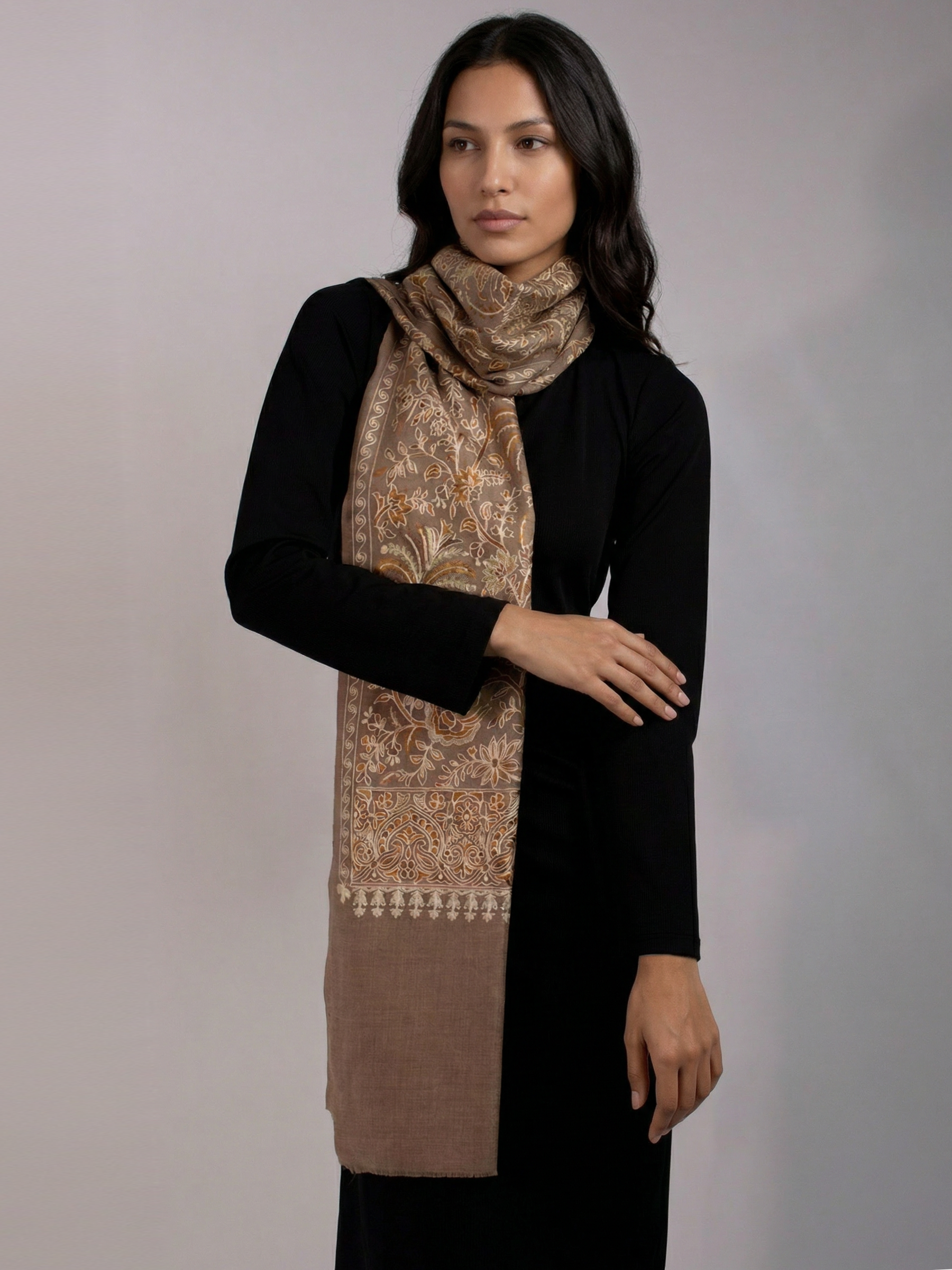 Cocoa Brown Palms Handmade Embroidered Pashmina Wool Scarf