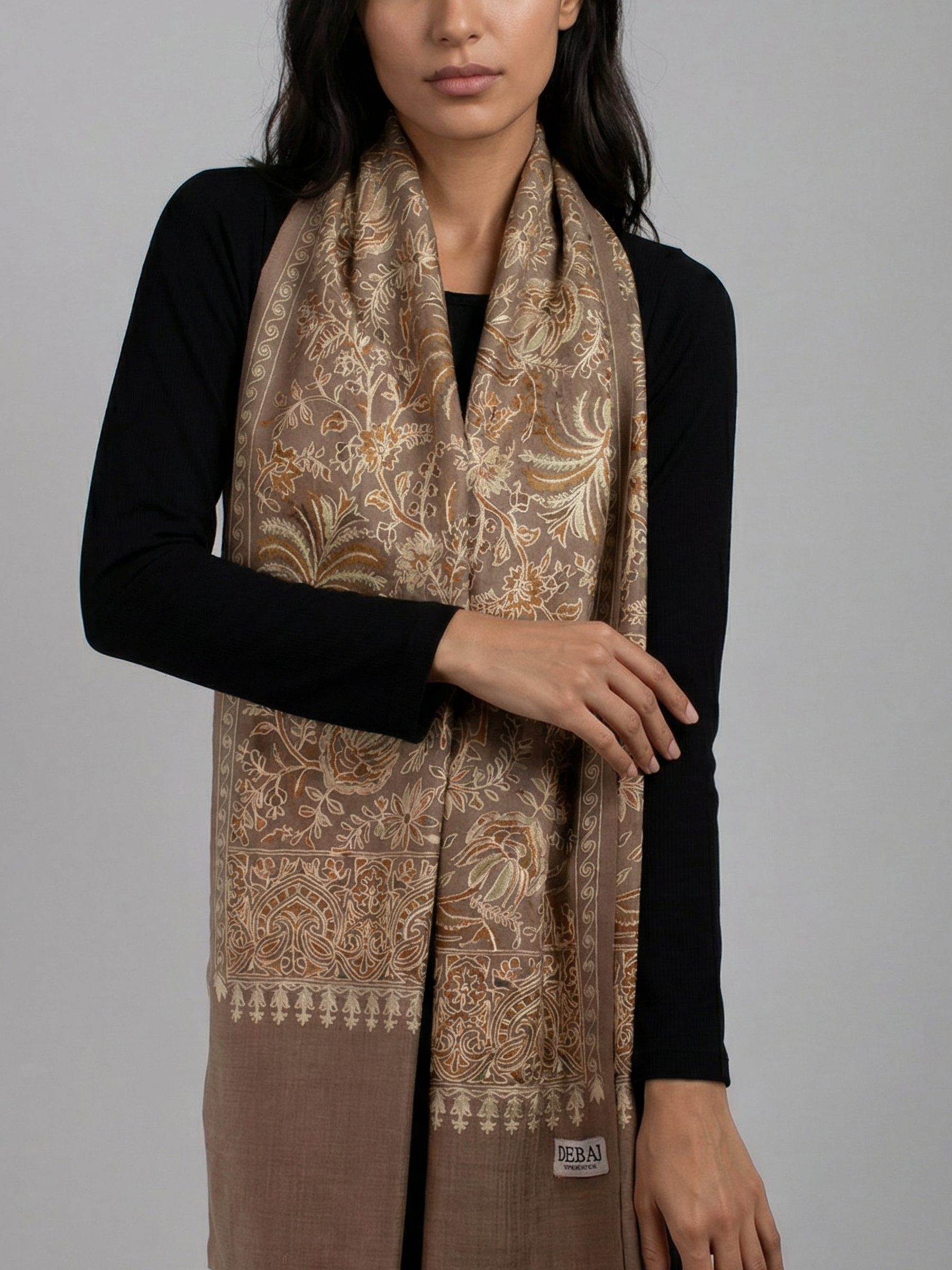 Cocoa Brown Palms Handmade Embroidered Pashmina Wool Scarf