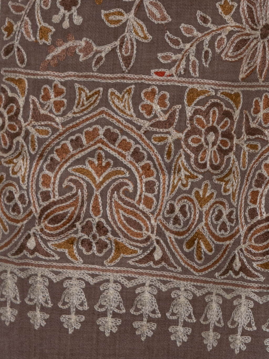 Cocoa Brown Palms Handmade Embroidered Pashmina Wool Scarf