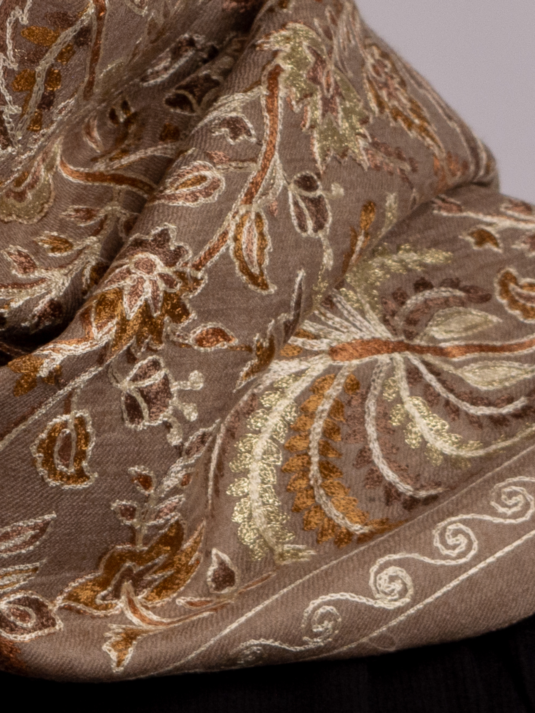 Cocoa Brown Palms Handmade Embroidered Pashmina Wool Scarf