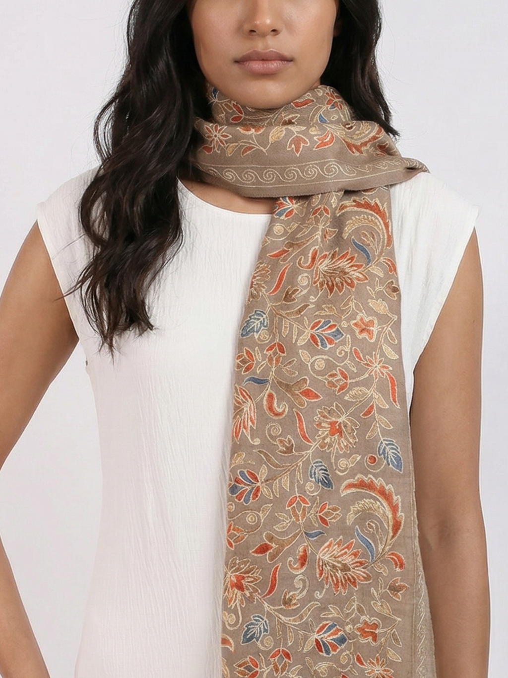 Cocoa Brown leaves Handmade Embroidered Pashmina Wool Scarf
