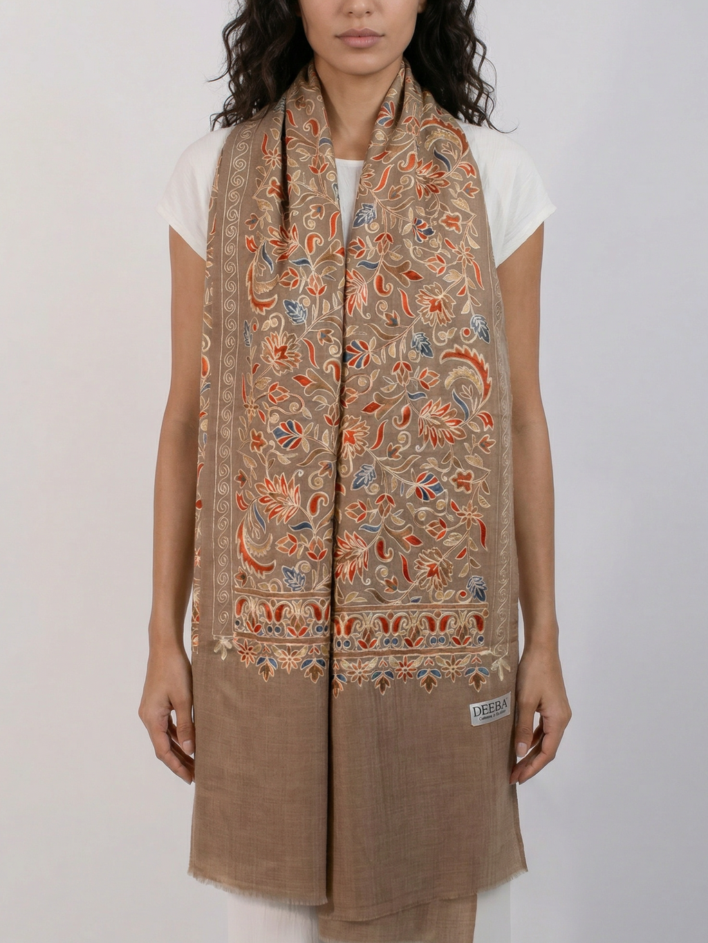 Cocoa Brown leaves Handmade Embroidered Pashmina Wool Scarf
