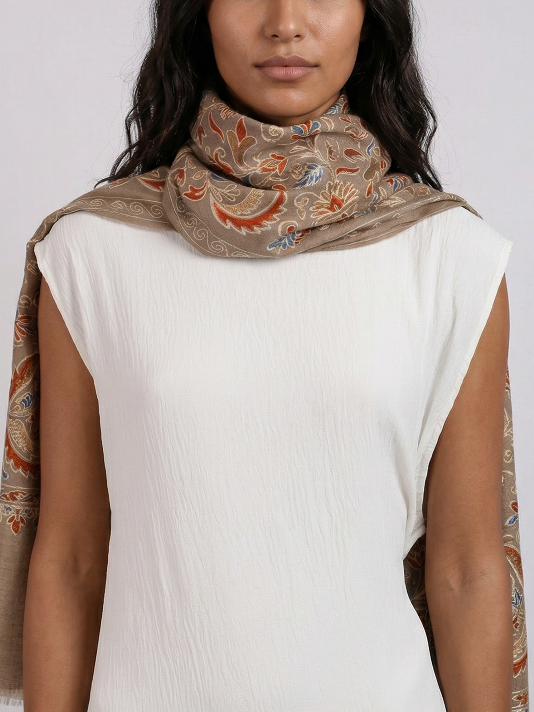 Cocoa Brown leaves Handmade Embroidered Pashmina Wool Scarf