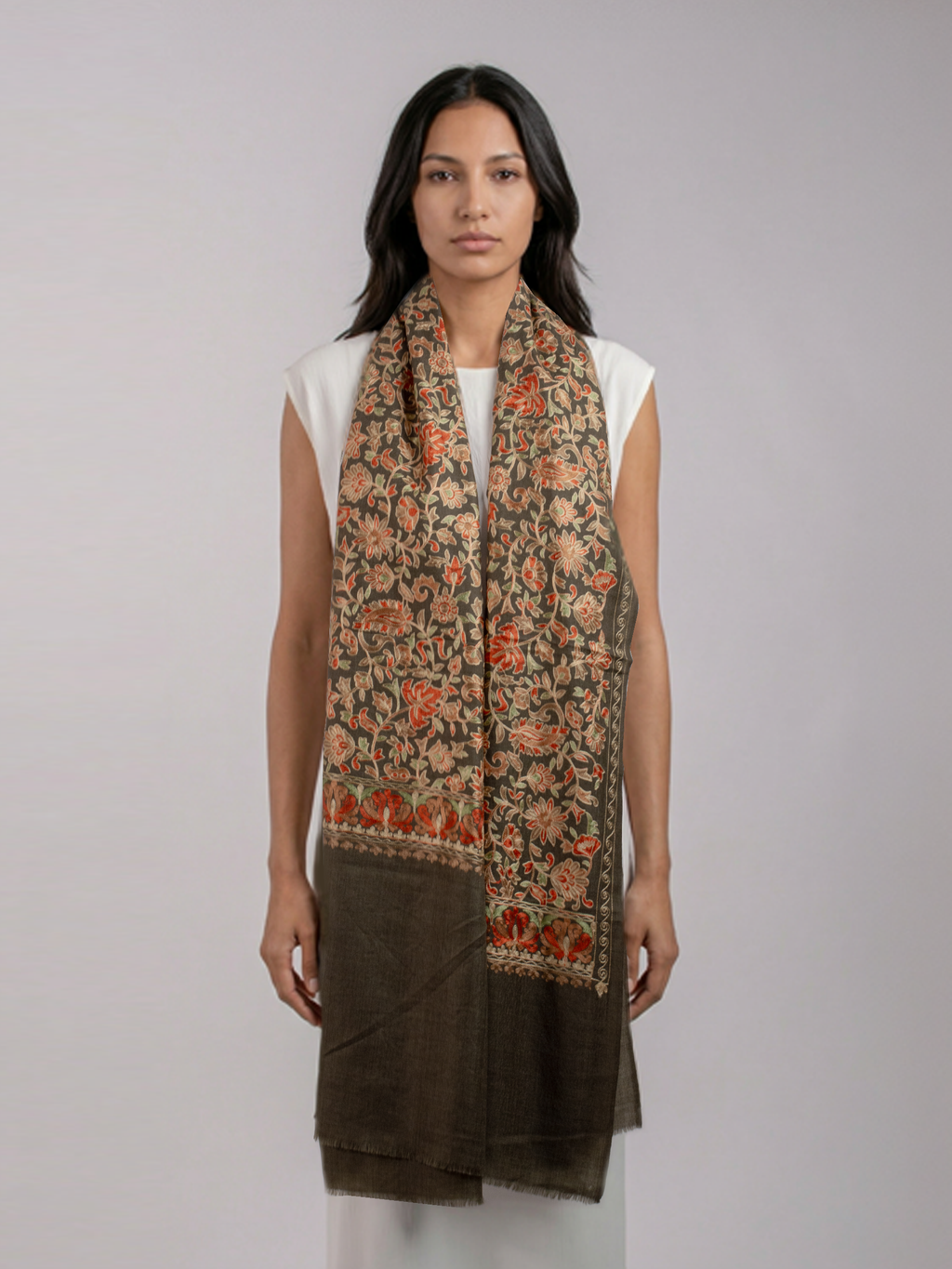 Olive Leaves Handmade Embroidered Pashmina Wool Scarf
