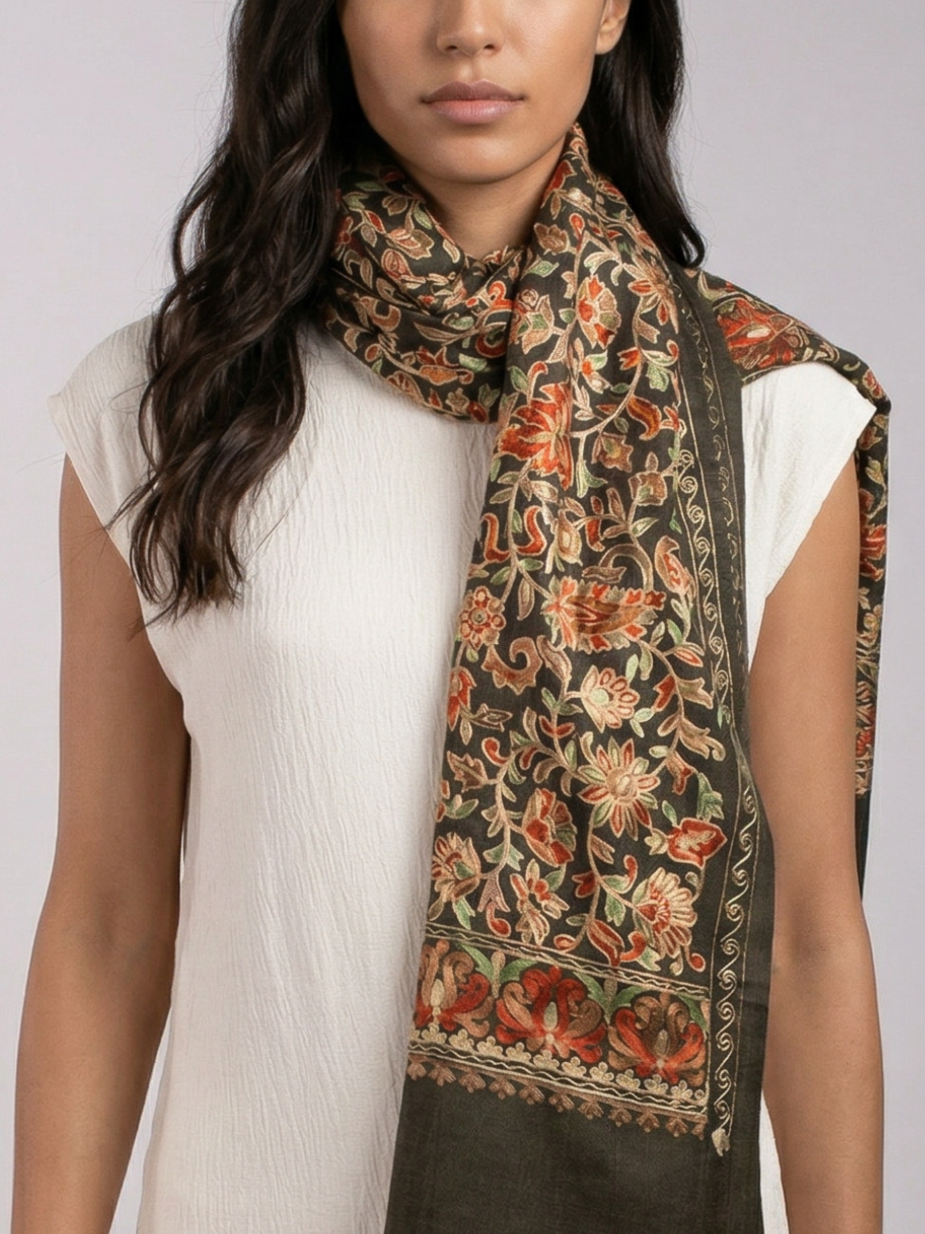 Olive Leaves Handmade Embroidered Pashmina Wool Scarf