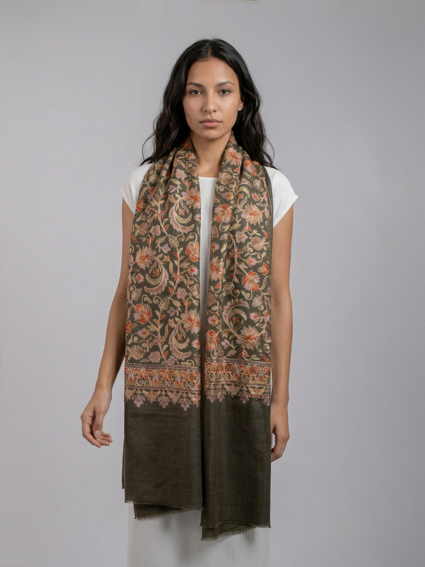 Olive Ornaments Handmade Embroidered Pashmina Wool Scarf