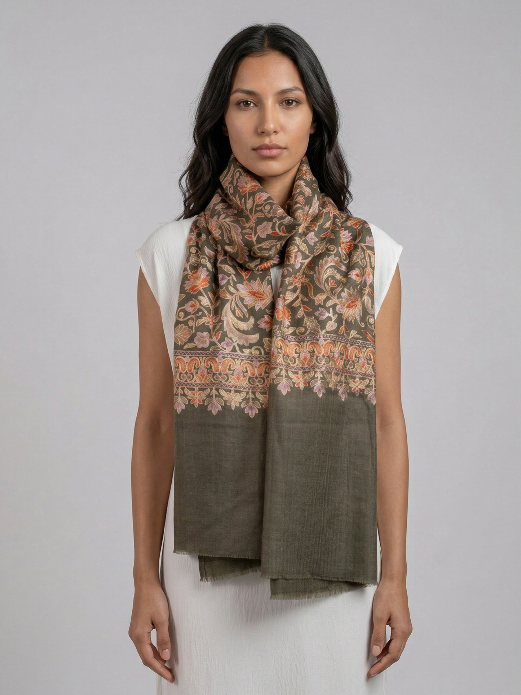 Olive Ornaments Handmade Embroidered Pashmina Wool Scarf
