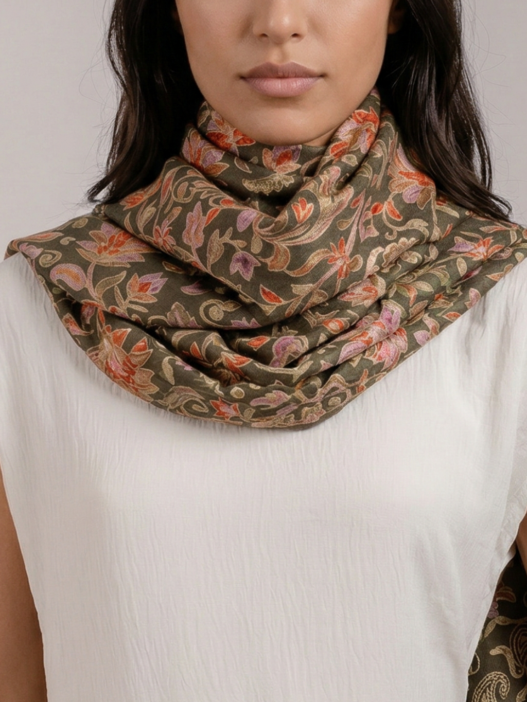 Olive Ornaments Handmade Embroidered Pashmina Wool Scarf