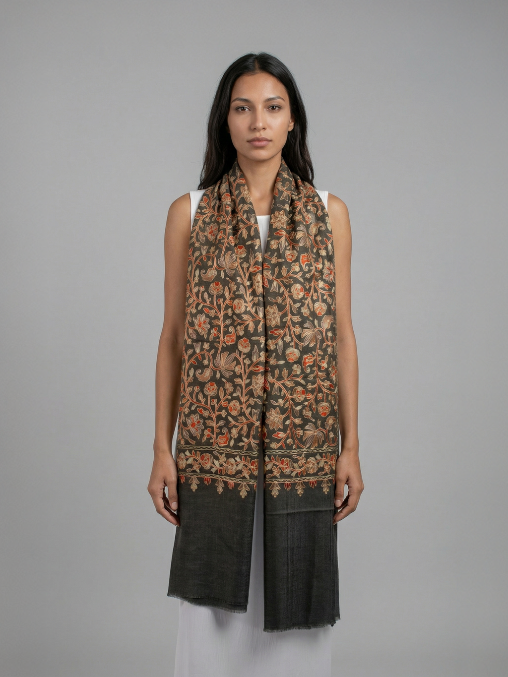 Olive Florals Handmade Embroidered Pashmina Wool Scarf