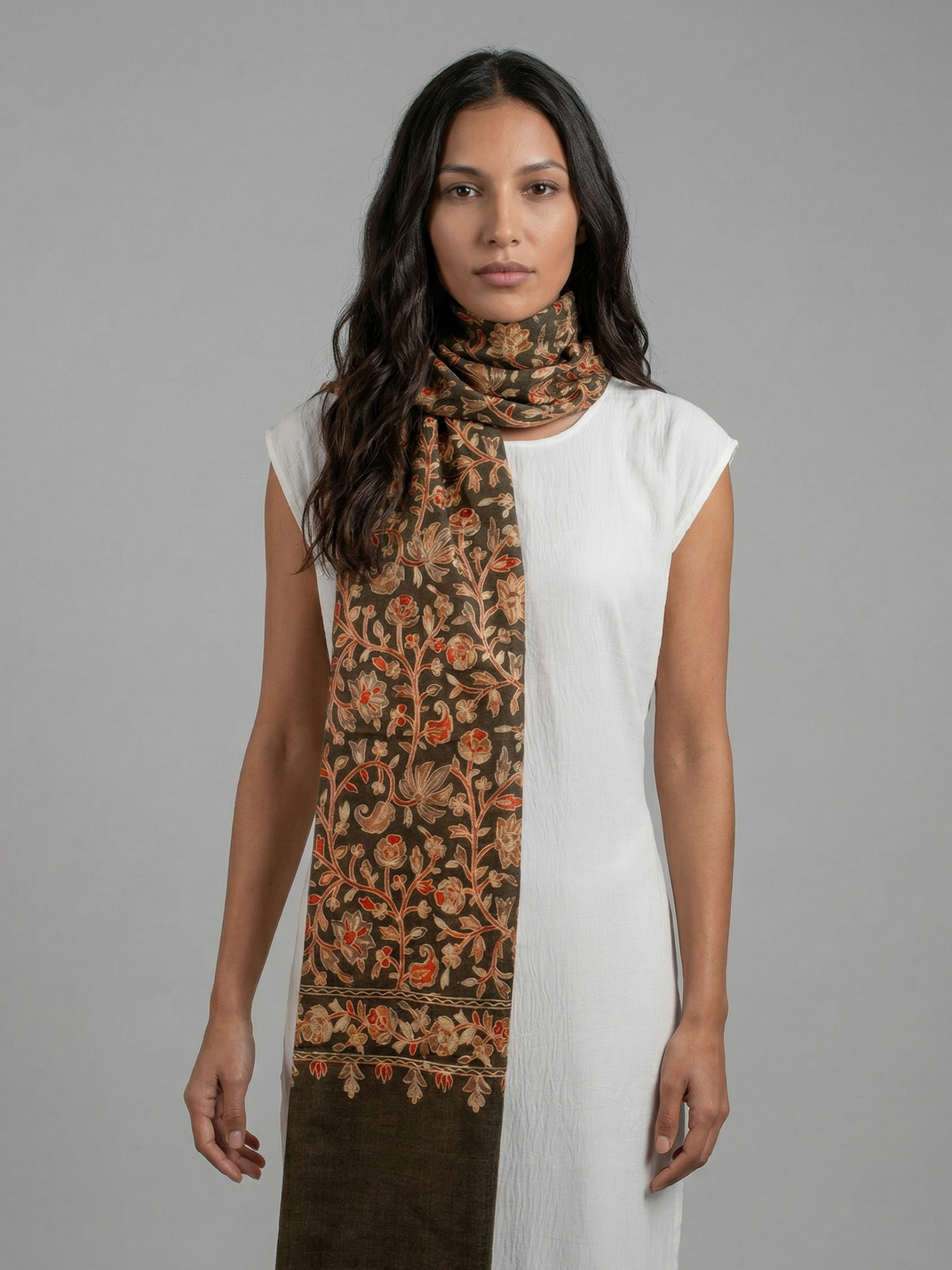 Olive Florals Handmade Embroidered Pashmina Wool Scarf