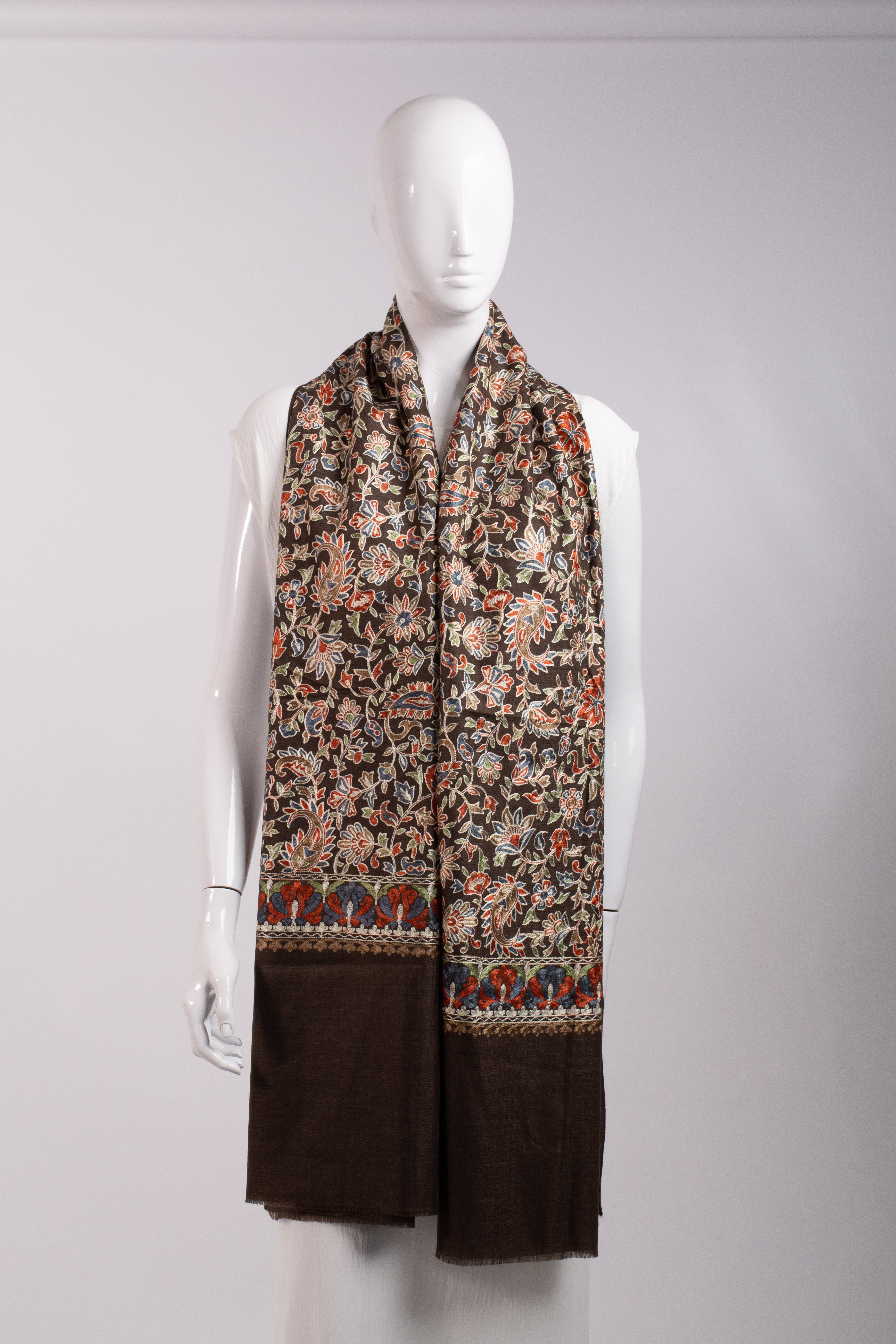 Brown luxury embroidered Pashmina Wool Scarf
