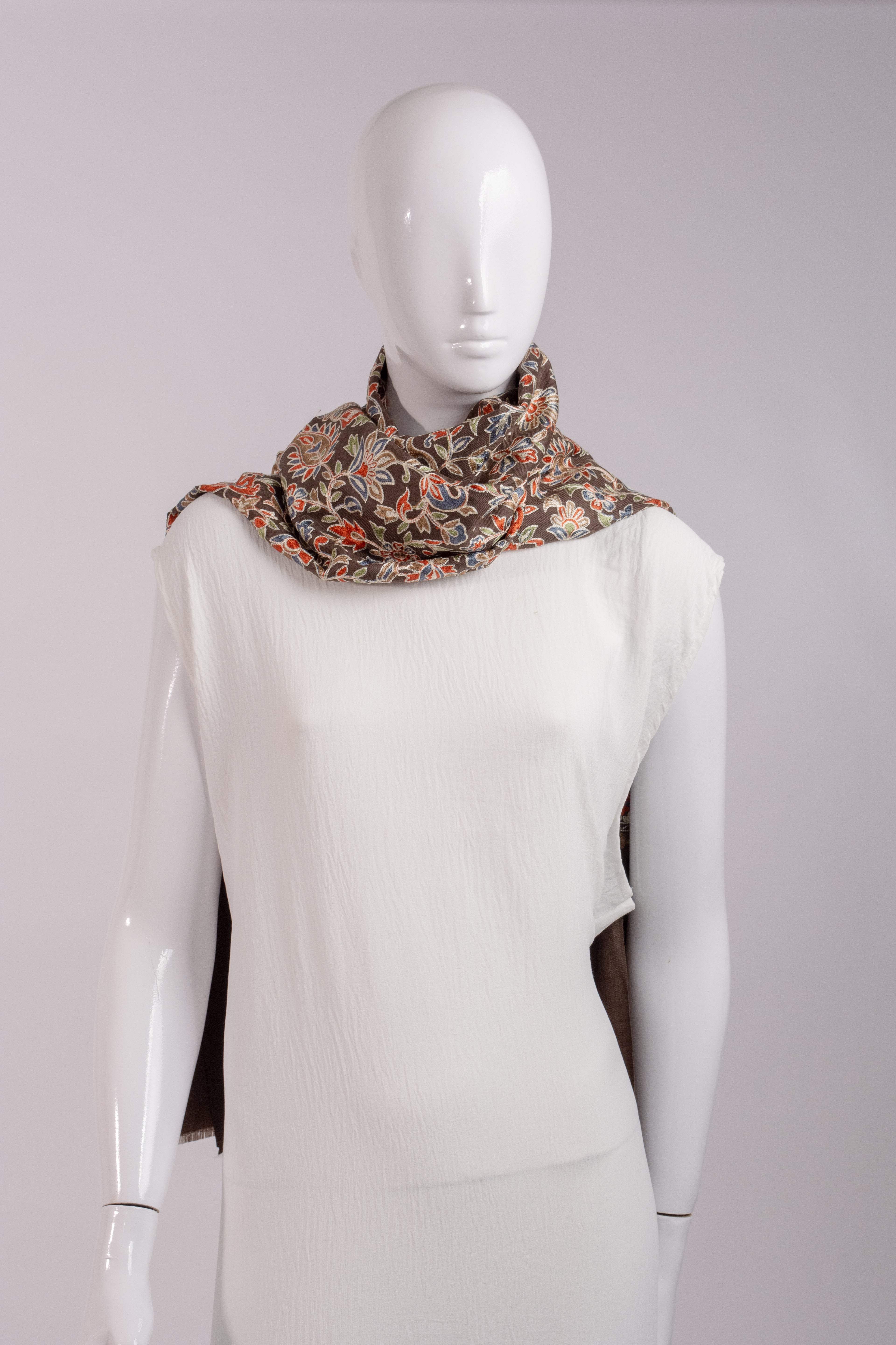 Brown luxury embroidered Pashmina Wool Scarf