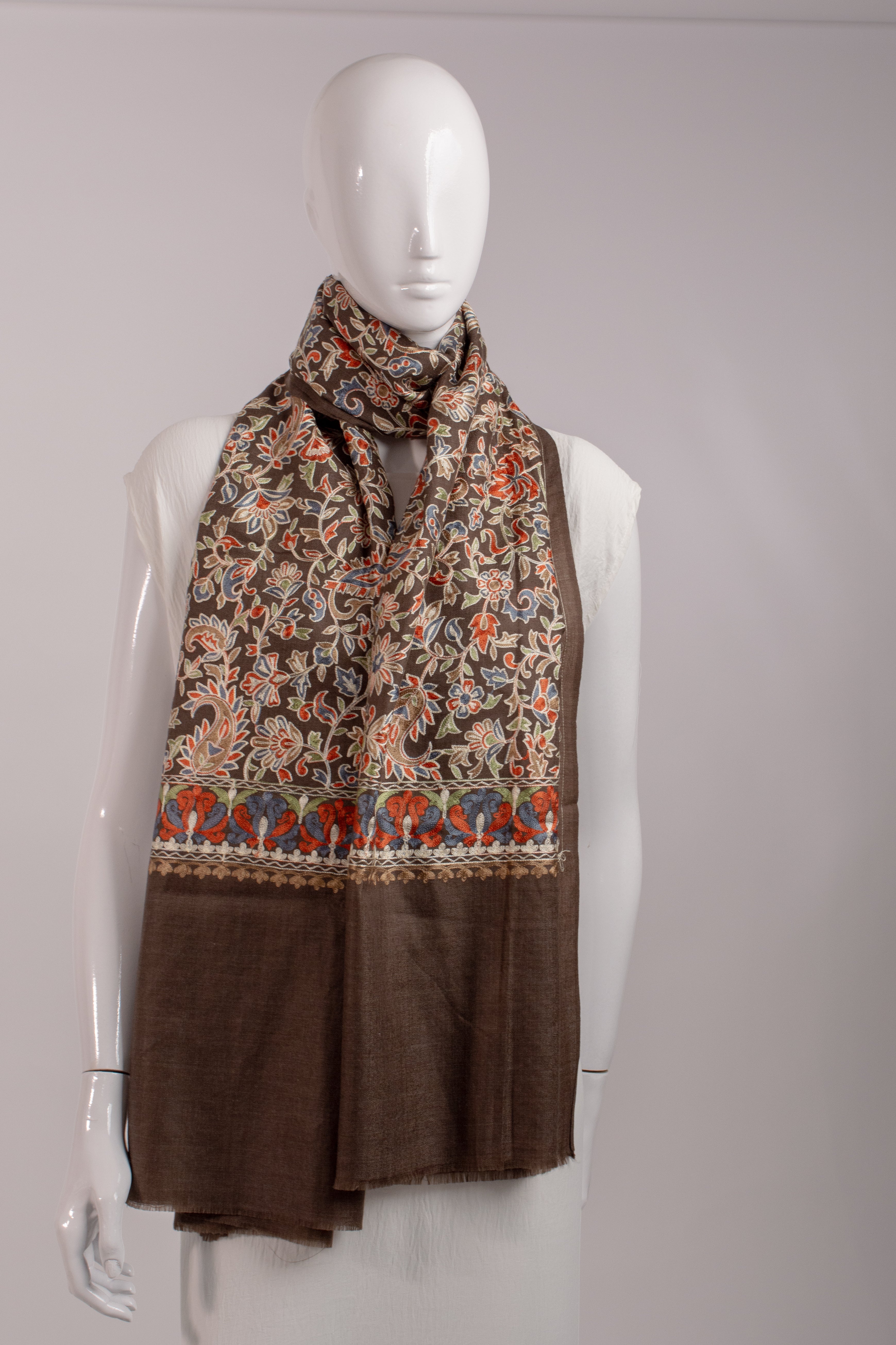Brown luxury embroidered Pashmina Wool Scarf