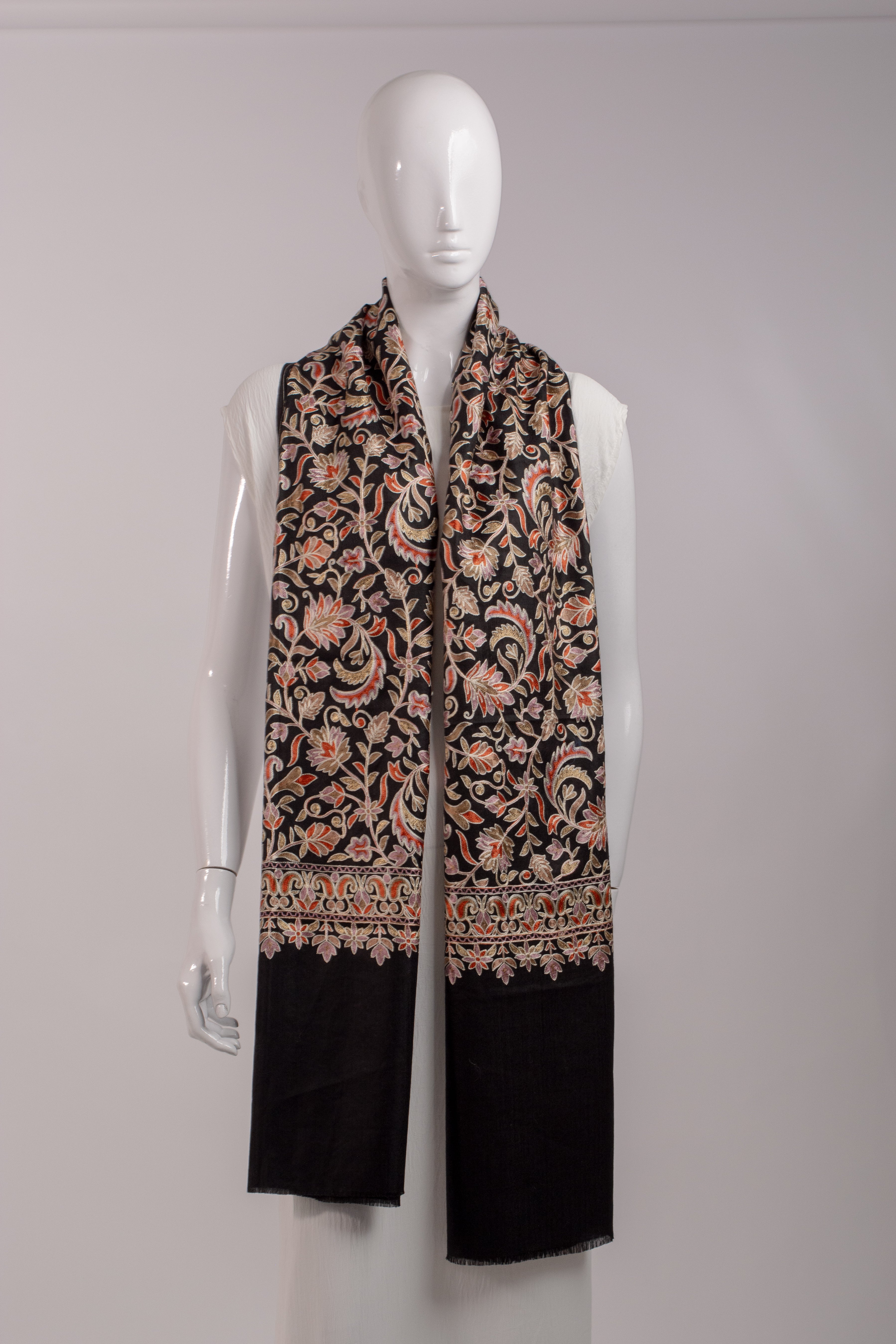 Black luxury embroidered Pashmina Wool Scarf