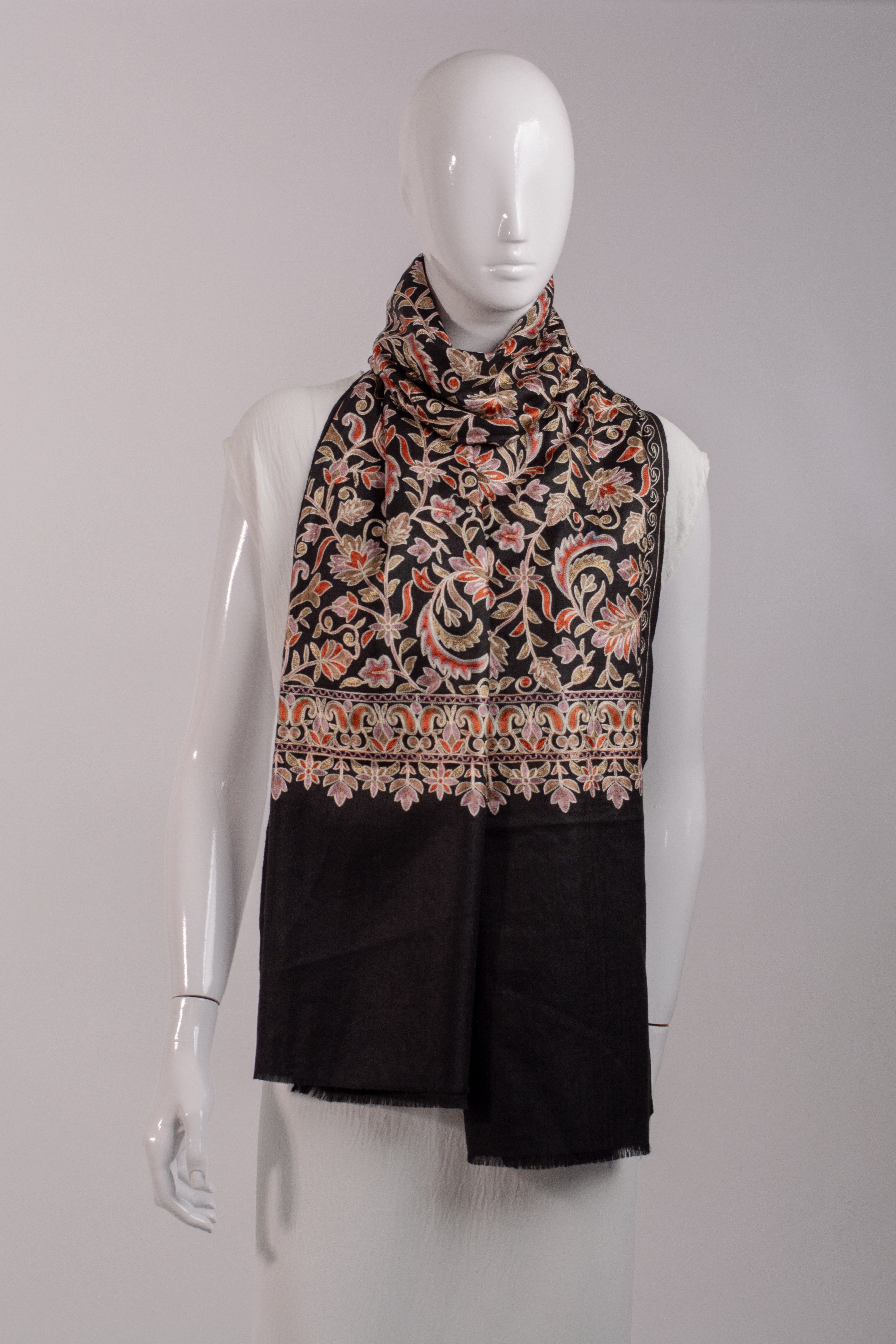 Black luxury embroidered Pashmina Wool Scarf